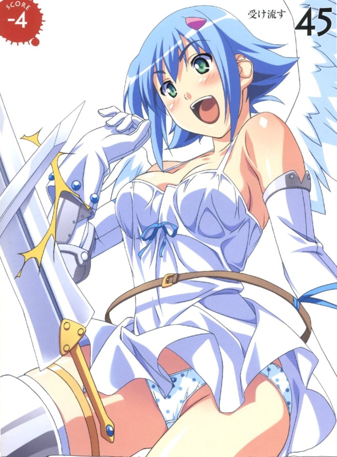 kuuchuu yousai, angel of light nanael, nanael (queen's blade), queen's blade, artbook, highres, scan, 00s, angel, angel wings, asymmetrical wings, bare shoulders, blue hair, blush, boots, elbow gloves, gloves, green eyes, miniskirt, open mouth, panties, polka dot, polka dot panties, short hair, skirt, solo, sword, thighhighs, underwear, weapon, wings