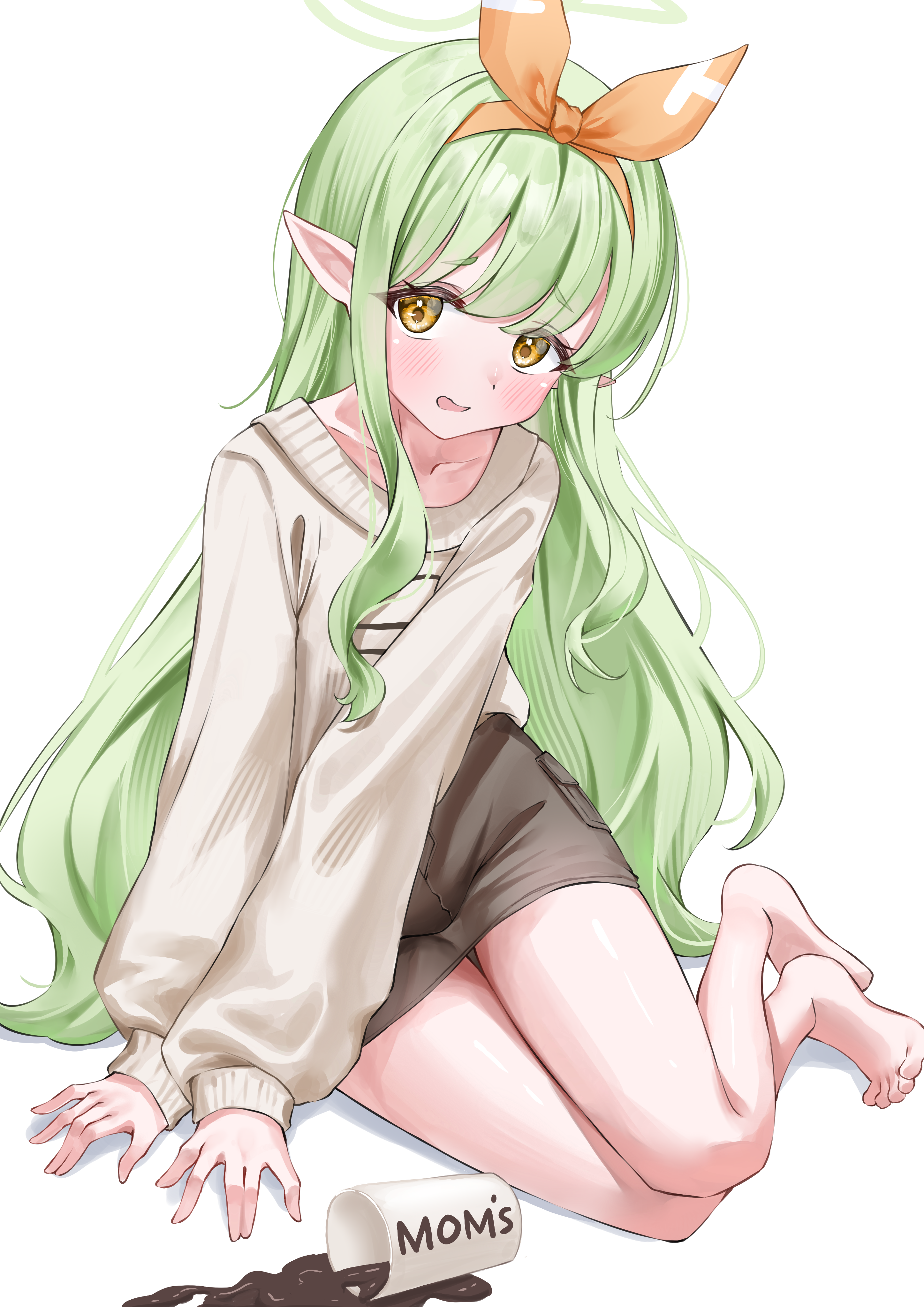 wfa5051, hikari (blue archive), hikari (mom's touch) (blue archive), blue archive, absurdres, commentary request, highres, partial commentary, 1girl, barefoot, green hair, halo, long hair, official alternate costume, pointy ears, skirt, solo, white background