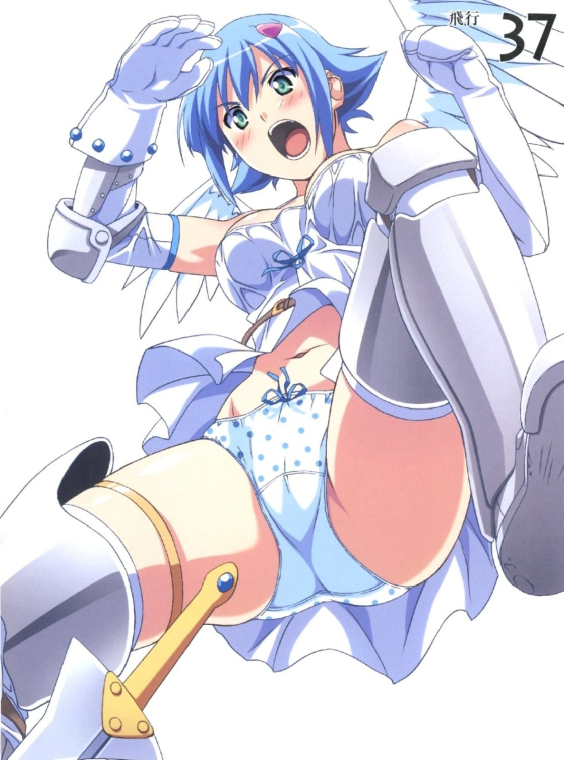 kuuchuu yousai, angel of light nanael, nanael (queen's blade), queen's blade, artbook, highres, scan, 00s, 1girl, angel, angel wings, ass, asymmetrical wings, bare shoulders, blue hair, blush, boots, elbow gloves, female focus, gloves, green eyes, midriff, miniskirt, navel, open mouth, panties, pantyshot, polka dot, polka dot panties, short hair, skirt, solo, thighhighs, underwear, wings