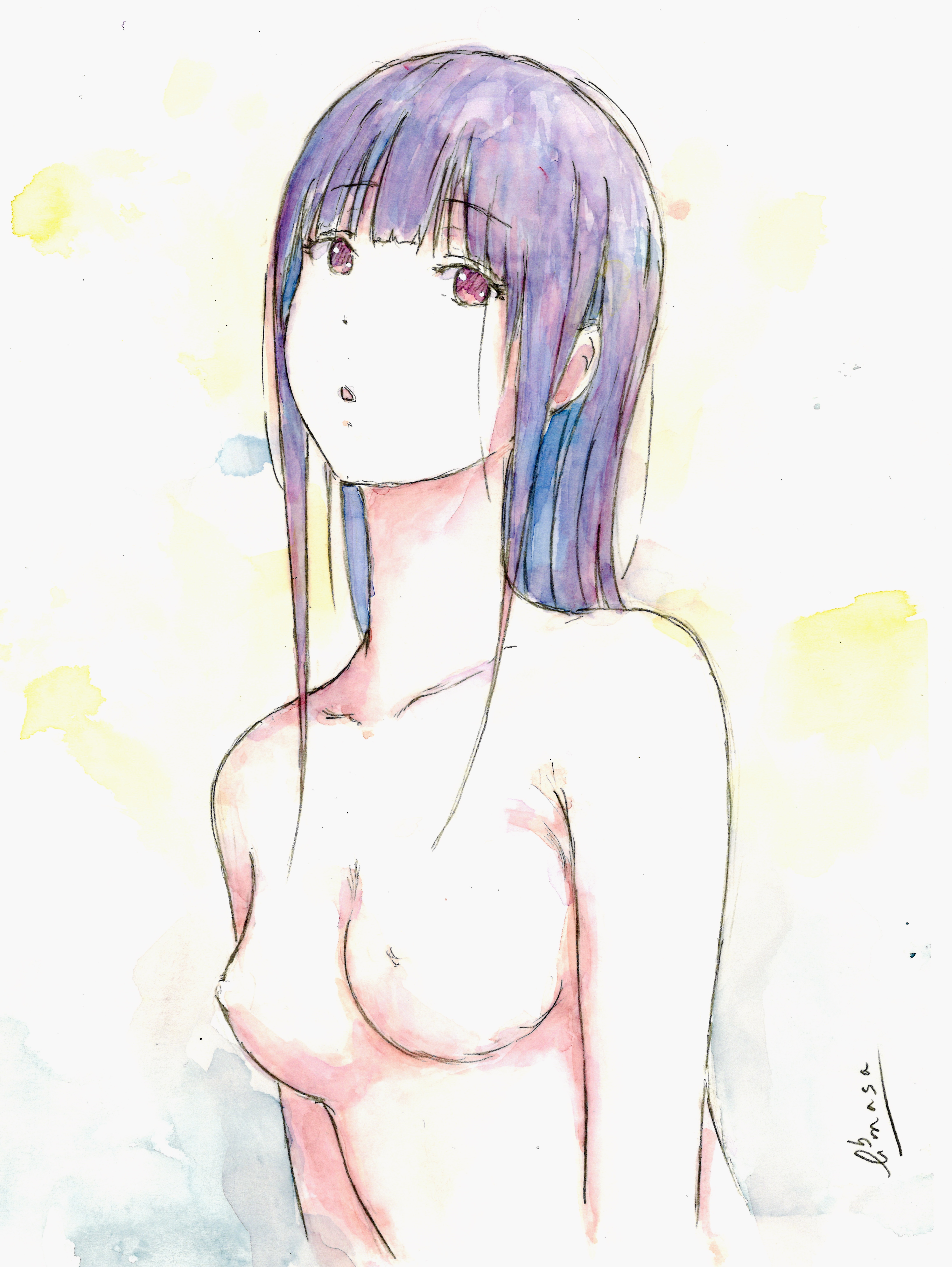 bbmasa, yoroizuka mizore, hibike! euphonium, liz to aoi tori, absurdres, commentary request, highres, 1girl, :o, blue background, blunt bangs, breasts, collarbone, long hair, looking at viewer, medium breasts, nipples, nude, purple hair, red eyes, signature, solo