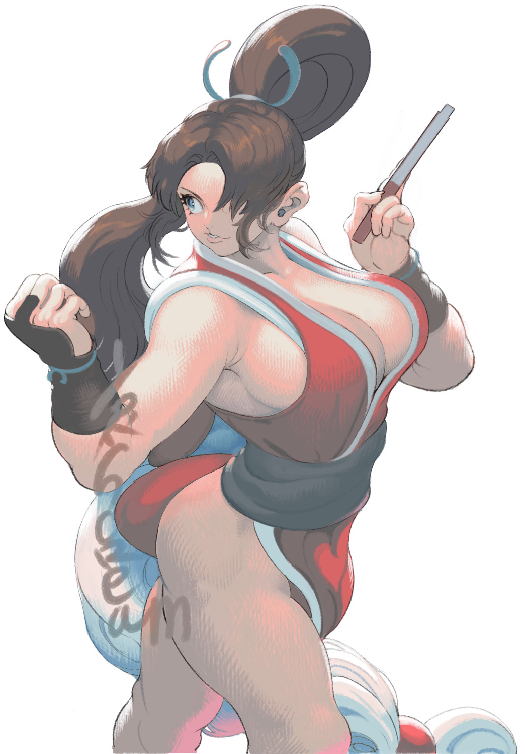 zinguuzisaburou, shiranui mai, fatal fury, snk, street fighter, street fighter 6, the king of fighters, highres, 1girl, bare shoulders, breasts, brown hair, cleavage, cow, folding fan, hair over one eye, hair tie, hand fan, holding, holding fan, large breasts, long hair, motoyui, ninja, parted bangs, parted lips, pelvic curtain, ponytail, red dougi, revealing clothes, sideboob, solo, white background
