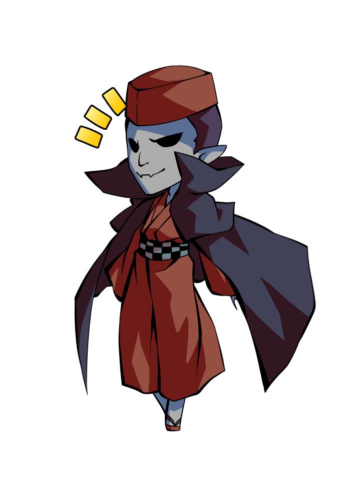 dairi, fortune teller (touhou), touhou, commentary request, large variant set, variant set, 1boy, brown kimono, brown sandals, cape, chibi, chibi only, collarbone, colored skin, full body, grey skin, hat, hollow eyes, japanese clothes, kimono, long sleeves, male focus, pointy ears, sandals, solo, tachi-e, transparent background