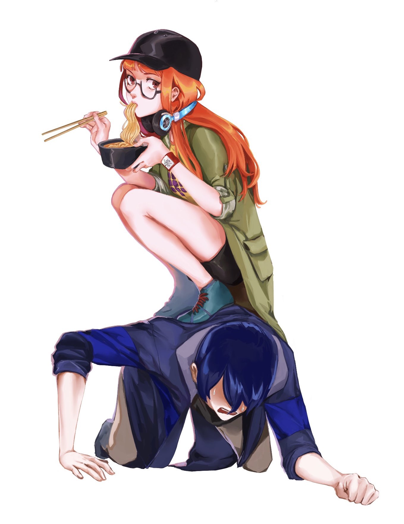 ace4 2, kitagawa yuusuke, sakura futaba, persona, persona 5, persona 5 scramble: the phantom strikers, commentary, english commentary, highres, 1boy, 1girl, all fours, baseball cap, bike shorts, black hat, black shorts, blue hair, blue jacket, blue shoes, blunt bangs, bowl, bracelet, brown-framed eyewear, brown eyes, brown pants, chopsticks, clenched hand, coat, eating, food, from side, full body, girl on top, glasses, green coat, hands on ground, hat, headphones, headphones around neck, holding, holding bowl, holding chopsticks, holding food, jacket, jewelry, long hair, looking at viewer, looking back, noodles, open mouth, orange hair, orange shirt, pants, parted bangs, ramen, rectangular mouth, semi-rimless eyewear, shaded face, shirt, shoes, short hair, shorts, sidelocks, simple background, sleeves rolled up, squatting, sweat, teeth, upper teeth only, white background