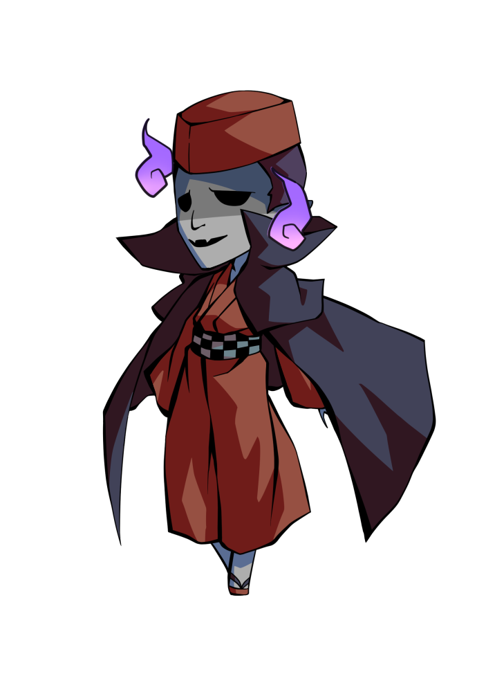 dairi, fortune teller (touhou), touhou, commentary request, large variant set, variant set, 1boy, brown kimono, brown sandals, cape, chibi, chibi only, collarbone, colored skin, full body, grey skin, hat, hollow eyes, japanese clothes, kimono, long sleeves, male focus, pointy ears, sandals, solo, tachi-e, transparent background