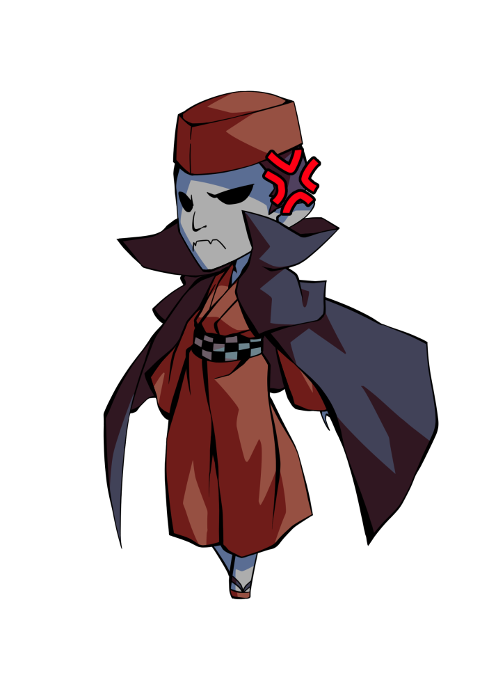 dairi, fortune teller (touhou), touhou, commentary request, large variant set, variant set, 1boy, brown kimono, brown sandals, cape, chibi, chibi only, collarbone, colored skin, full body, grey skin, hat, hollow eyes, japanese clothes, kimono, long sleeves, male focus, pointy ears, sandals, solo, tachi-e, transparent background