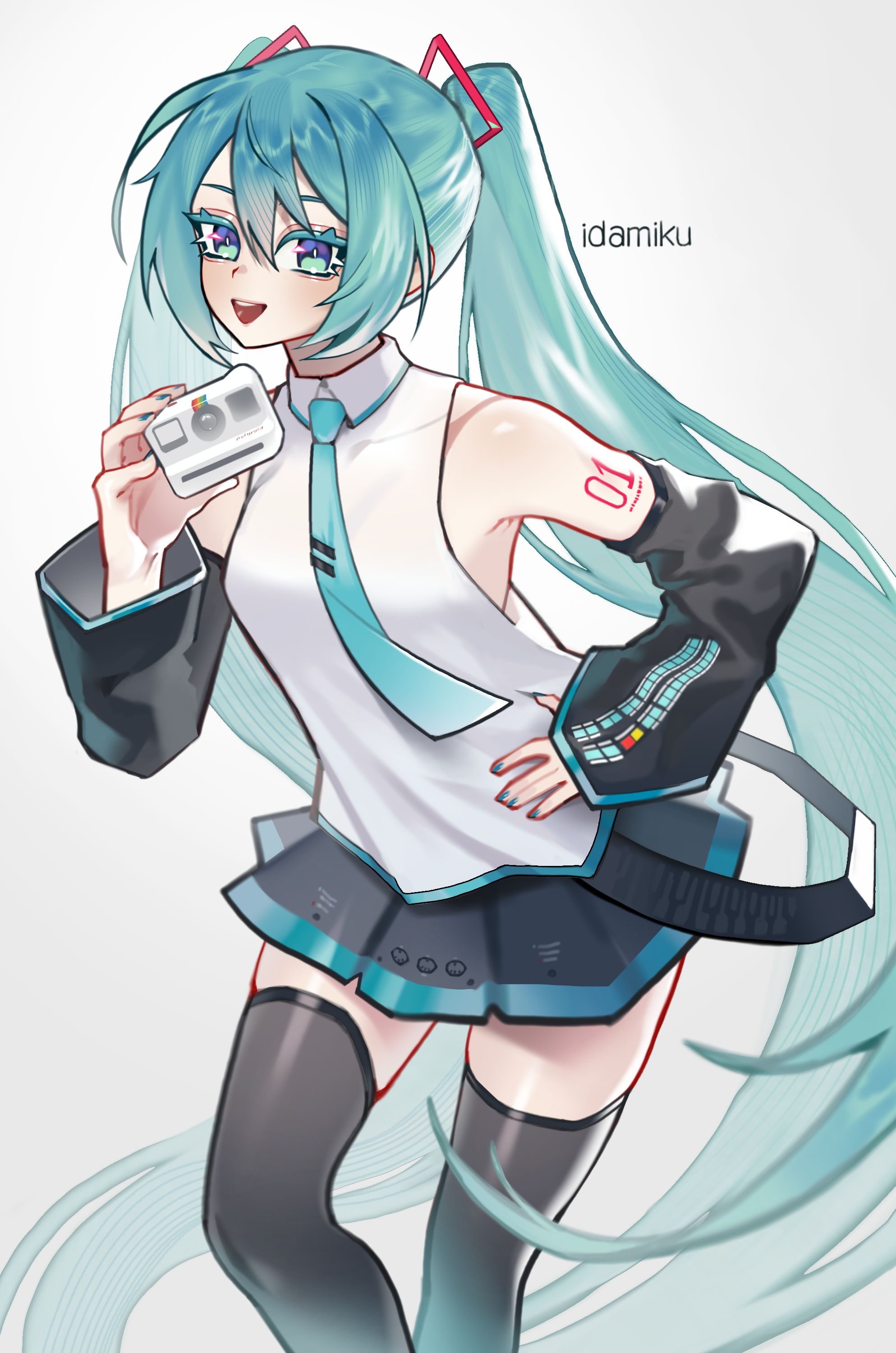 idamaria, hatsune miku, vocaloid, absurdres, commentary, highres, 1girl, :d, absurdly long hair, aqua necktie, bare shoulders, black skirt, black thighhighs, camera, detached sleeves, green eyes, green hair, green nails, hair between eyes, hand on own hip, holding, holding camera, long hair, long sleeves, looking at viewer, miniskirt, nail polish, necktie, open mouth, shirt, shoulder tattoo, simple background, skirt, smile, solo, tattoo, thighhighs, very long hair, white background, white shirt, zettai ryouiki