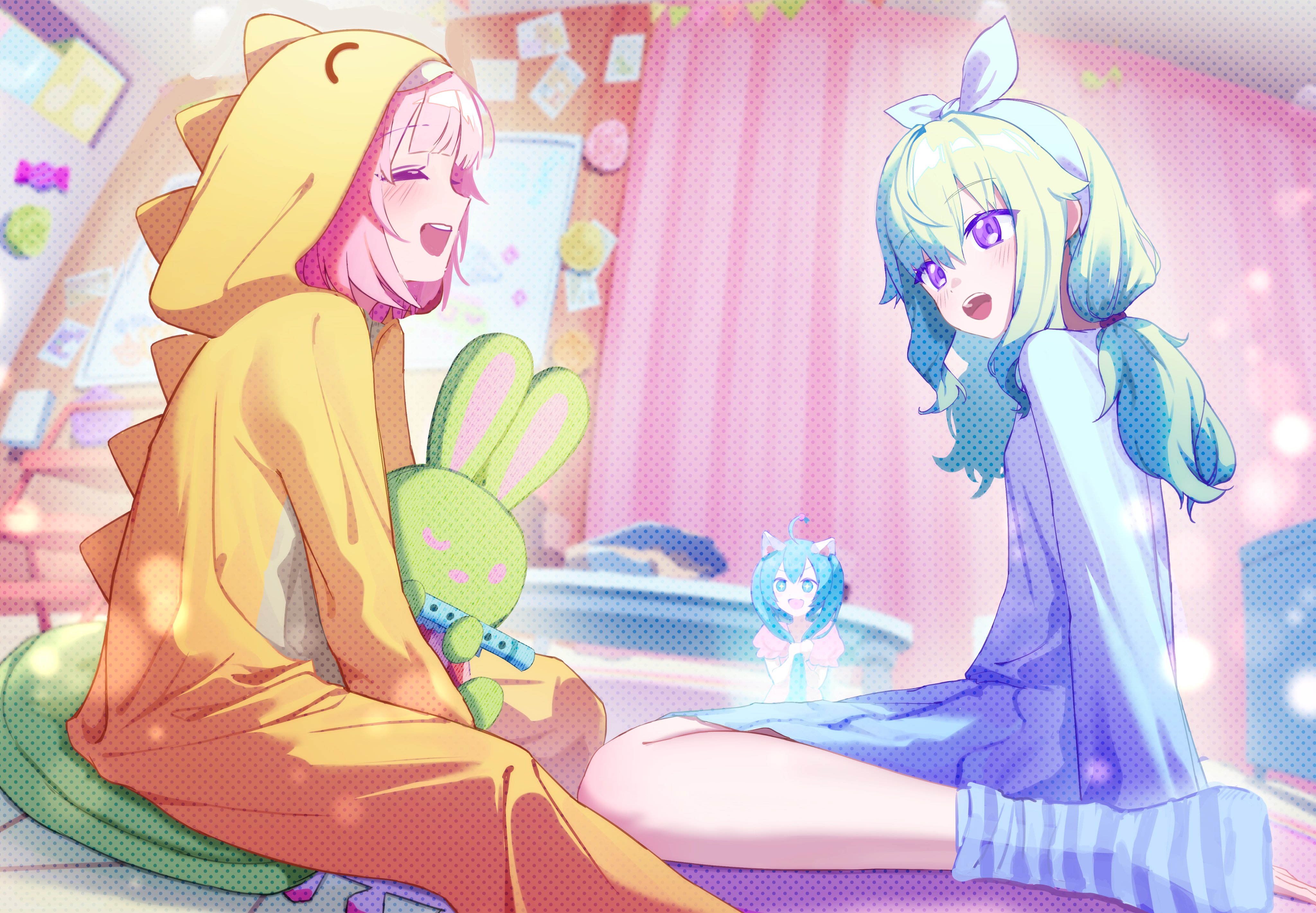 mishio (misio 40), kusanagi nene, ootori emu, project sekai, absurdres, highres, 3girls, animal ears, bedroom, blue hair, blue pajamas, blue socks, cat ears, closed eyes, controller, cosplay, curtains, game controller, green hair, indoors, long hair, long sleeves, low-tied sidelocks, multiple girls, onesie, open mouth, pajamas, pink hair, purple eyes, sidelocks, sitting, smile, socks, striped clothes, striped socks, stuffed animal, stuffed rabbit, stuffed toy, teeth, upper teeth only, wariza