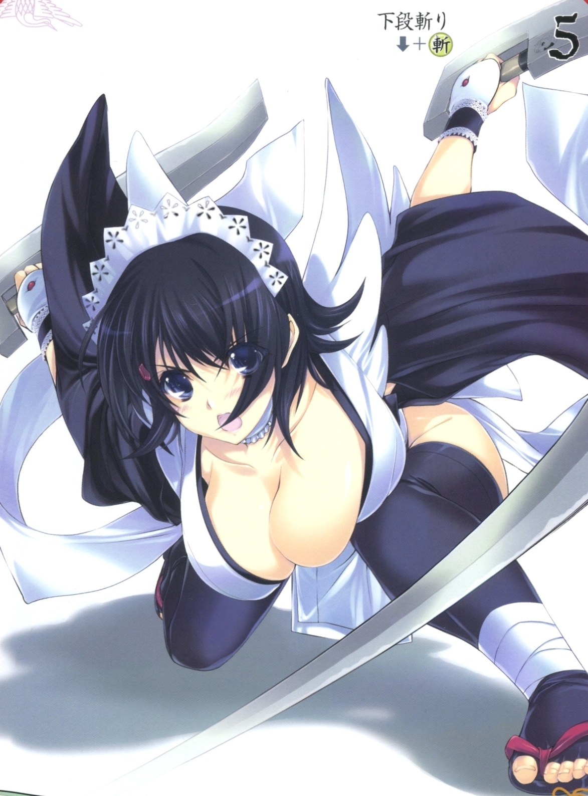 iizuki tasuku, iroha (samurai spirits), queen's blade, queen's gate, samurai spirits, artbook, highres, scan, 00s, 1girl, bent over, black hair, blue eyes, breasts, cleavage, female focus, flipped hair, hair ornament, large breasts, open mouth, short hair, solo, thighhighs, weapon