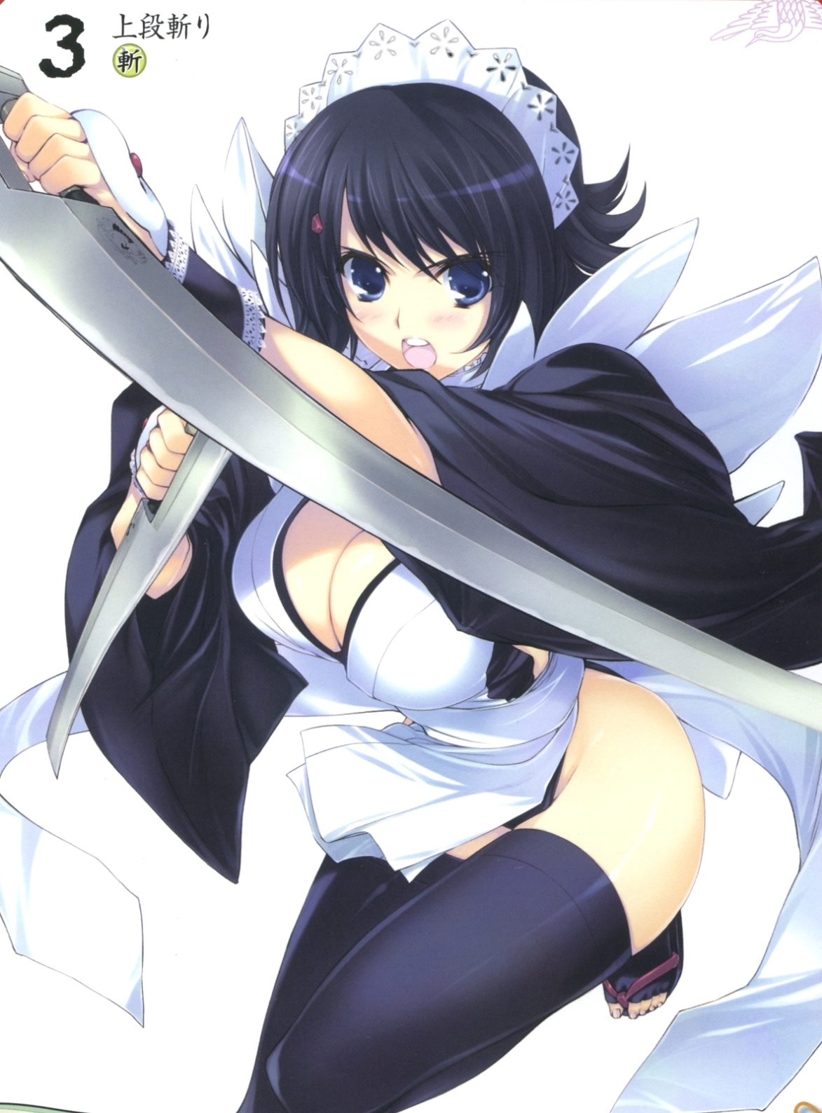 iizuki tasuku, iroha (samurai spirits), queen's blade, queen's gate, samurai spirits, artbook, highres, official art, scan, 00s, 1girl, apron, black hair, blue eyes, breasts, butterfly swords, cleavage, curvy, female focus, flipped hair, hair ornament, holding, holding weapon, jumping, large breasts, leotard, leotard under clothes, looking at viewer, maid, maid headdress, open mouth, shiny skin, short hair, solo, thighhighs, weapon, white apron, white background, wide hips