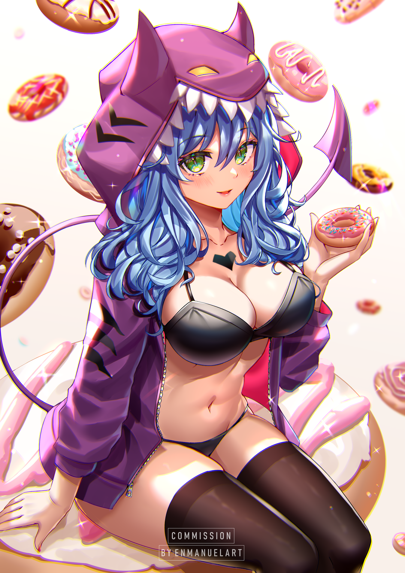 enma (enmanuelart), original, commentary, commission, english commentary, highres, 1girl, artist name, black bra, black panties, black thighhighs, blue hair, blush, bra, breasts, cleavage, collarbone, demon girl, demon tail, donut, eyelashes, feet out of frame, food, green eyes, hair between eyes, heart, holding, holding donut, holding food, hood, hood up, hoodie, horned hood, horns, large breasts, lips, long hair, looking at viewer, navel, panties, parted lips, purple hoodie, purple tail, red nails, sitting, skindentation, solo, sparkle, sparkling aura, stomach, tail, thick thighs, thighhighs, thighs, underwear, unzipped, white background