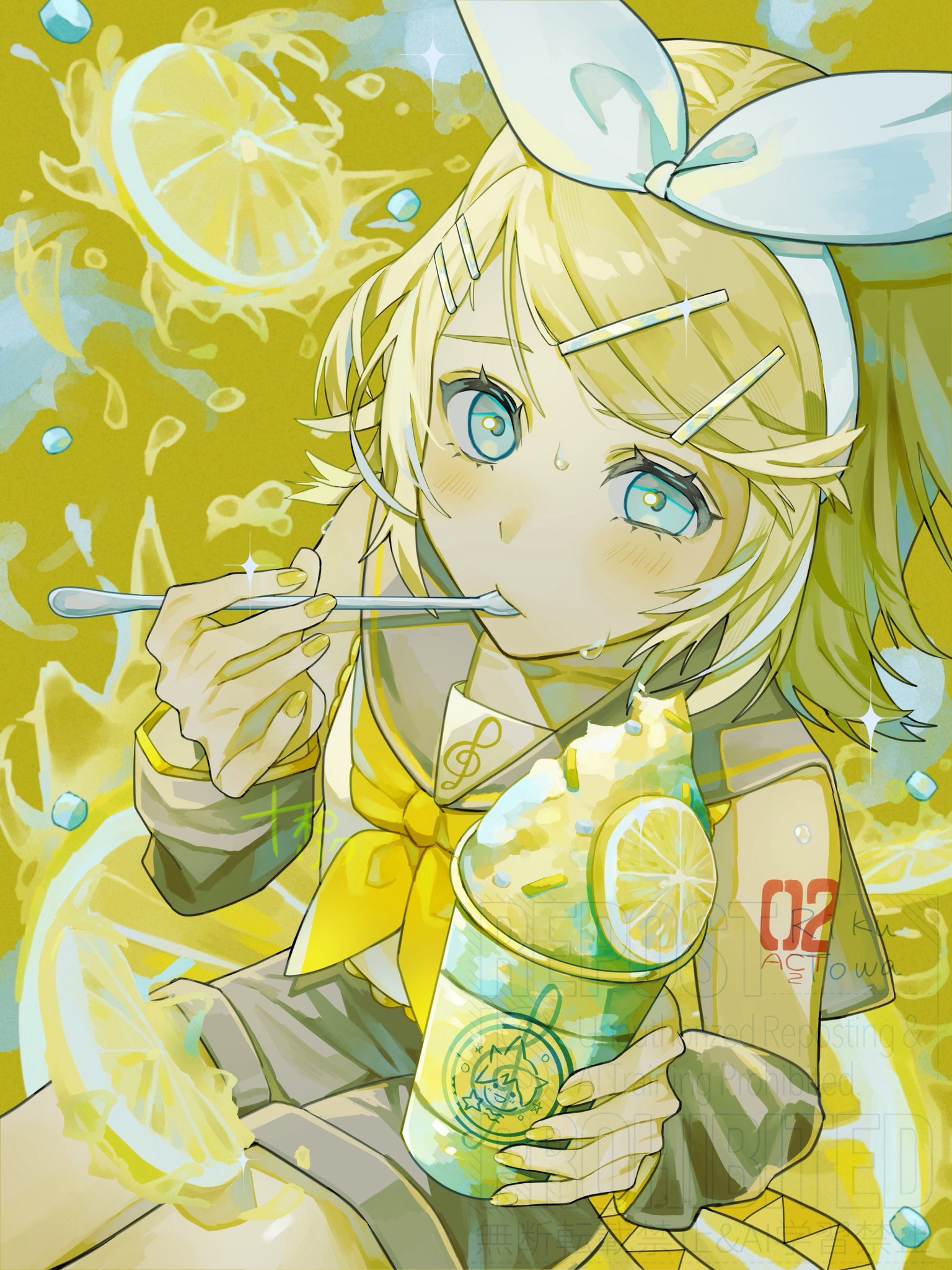 kagamine rin, vocaloid, highres, 1girl, arm tattoo, blonde hair, blue eyes, blush, detached sleeves, food, from above, fruit, grey sailor collar, grey shorts, grey sleeves, hair ornament, hairband, hairclip, holding, holding spoon, lemon, lemon slice, looking at viewer, medium hair, neckerchief, number tattoo, sailor collar, shaved ice, shirt, shorts, sitting, sleeveless, sleeveless shirt, solo, sparkle, spoon, sweat, swept bangs, tattoo, towa towa riku, upper body, white hairband, yellow neckerchief