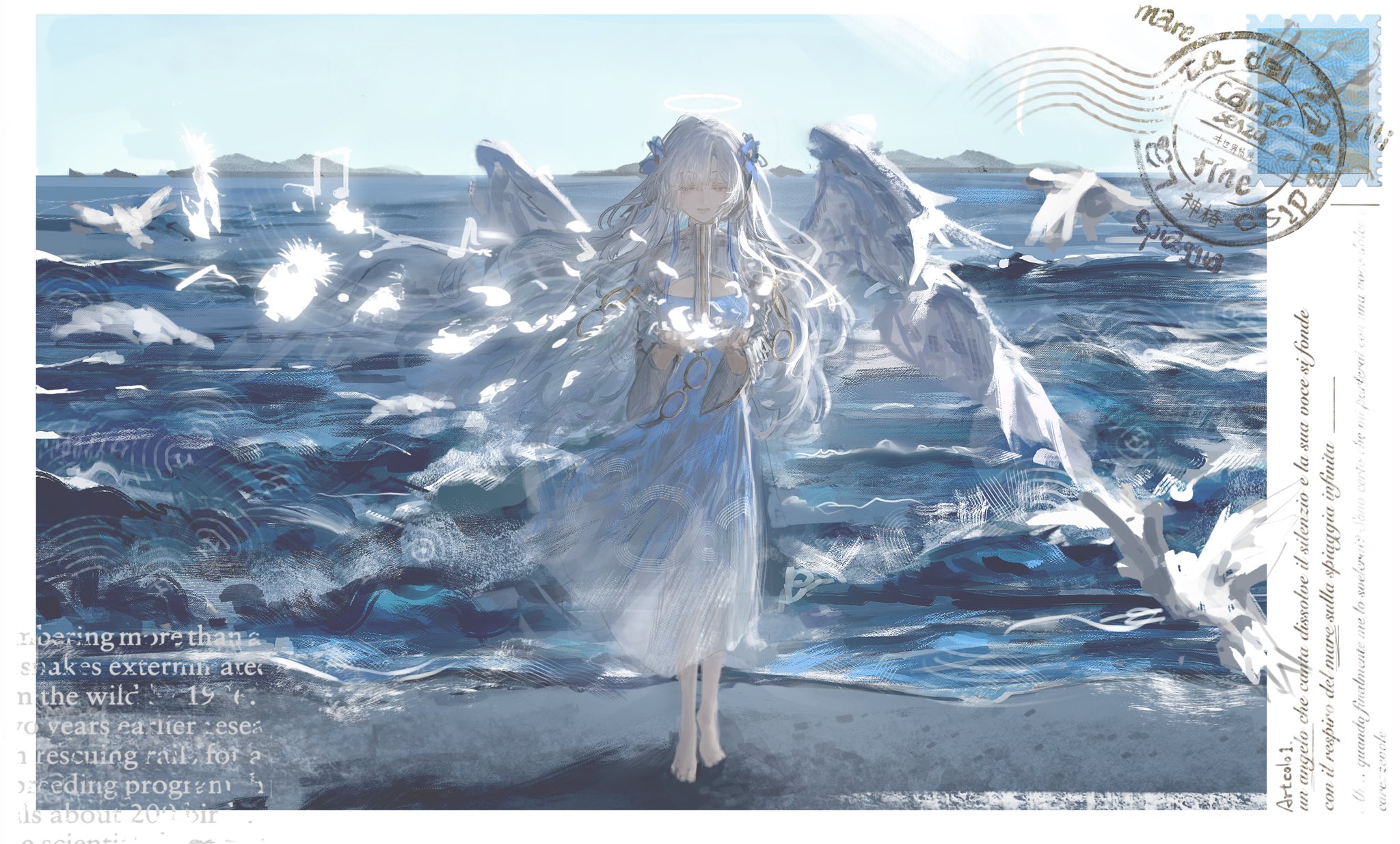 kotowaza, isekaijoucho, kamitsubaki studio, highres, 1girl, angel wings, barefoot, beach, bird, blue dress, blue flower, blue hair, blue sky, closed eyes, day, dress, facing viewer, flower, full body, gradient clothes, gradient dress, hair flower, hair ornament, halo, long hair, multicolored hair, ocean, outdoors, sky, smile, solo, standing, two-tone hair, virtual youtuber, water, white dress, white hair, white wings, wings