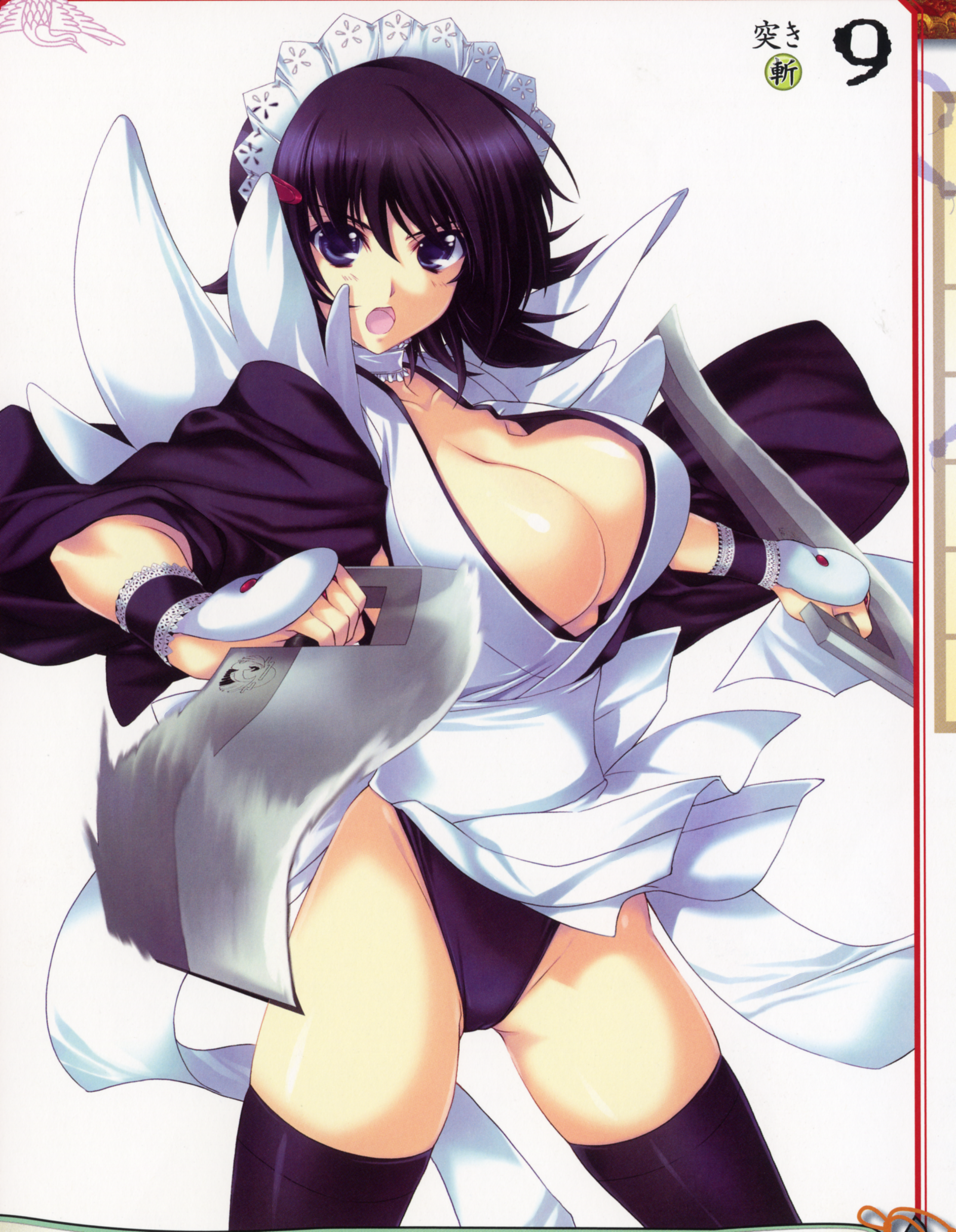iizuki tasuku, iroha (samurai spirits), queen's blade, queen's gate, samurai spirits, absurdres, artbook, highres, official art, scan, 00s, 1girl, black hair, blue eyes, blush, breasts, cleavage, curvy, female focus, flipped hair, hair ornament, highleg, highleg leotard, large breasts, leotard, leotard under clothes, open mouth, short hair, solo, thighhighs, weapon