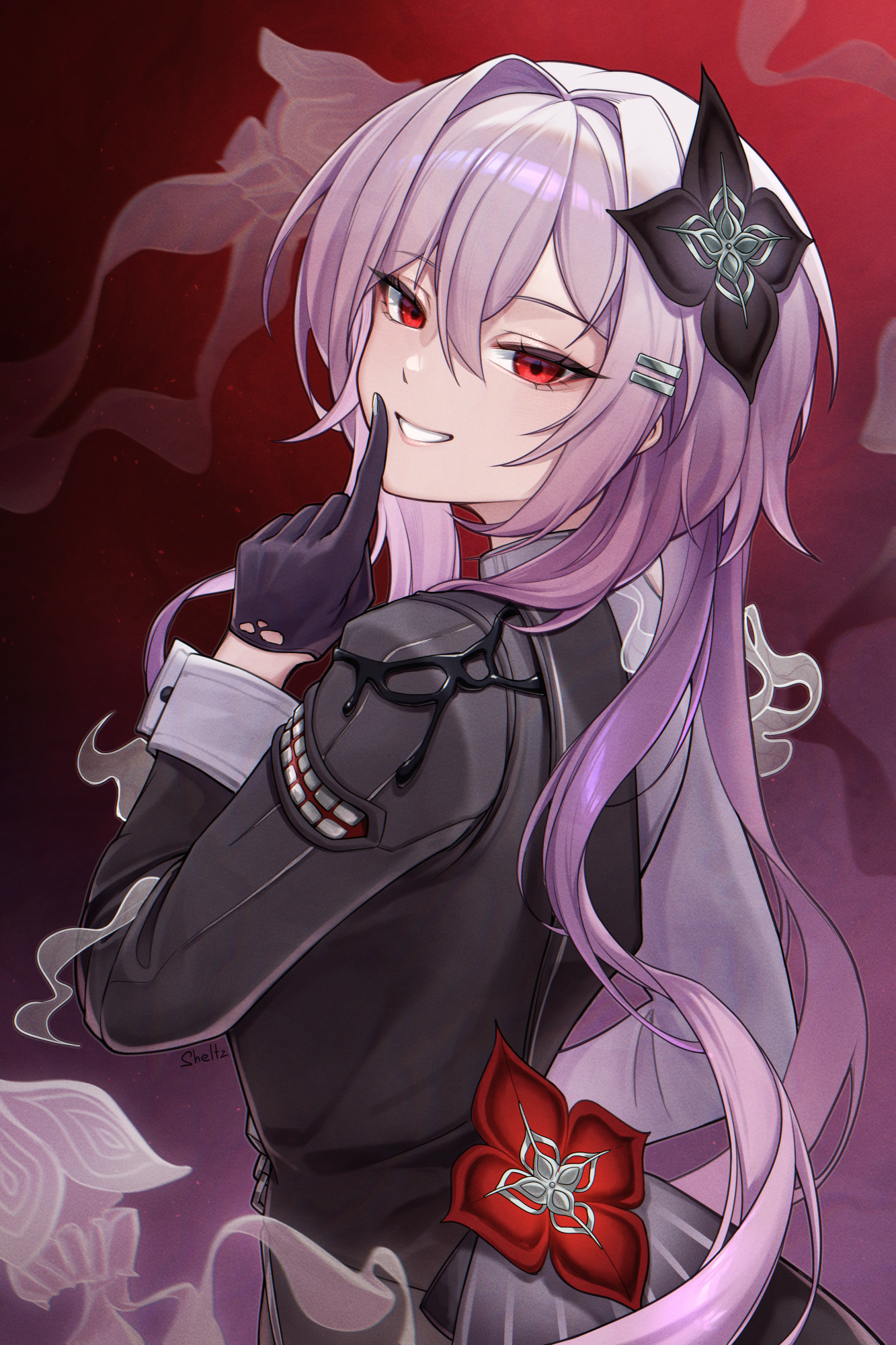 sheltz, evernight (honkai: star rail), march 7th (honkai: star rail), honkai: star rail, honkai (series), commentary, highres, 1girl, black dress, black gloves, dress, gloves, grin, hair intakes, hair ornament, hairclip, hand up, index finger raised, long hair, long sleeves, looking at viewer, pink hair, red eyes, smile, solo, upper body, very long hair