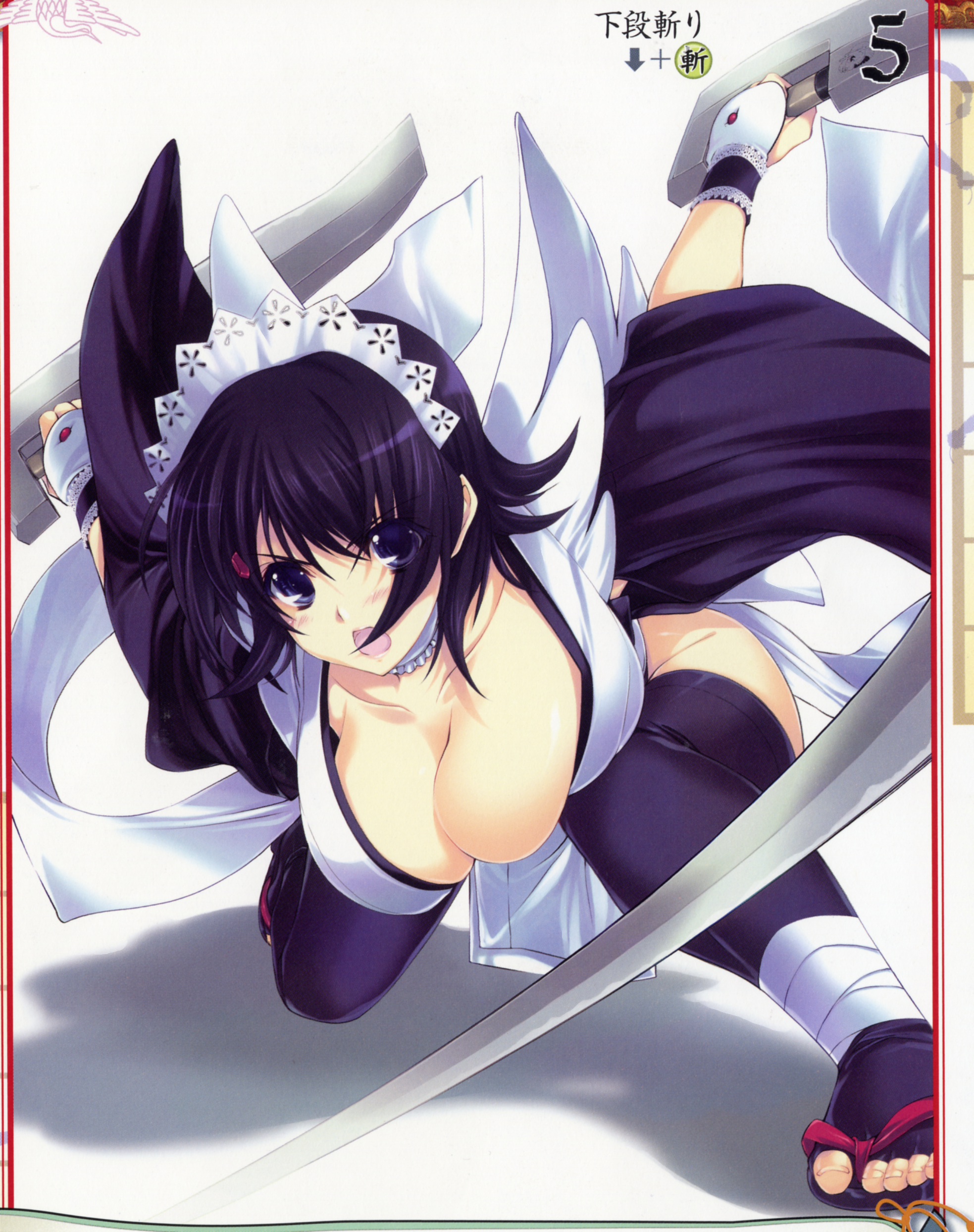 iizuki tasuku, iroha (samurai spirits), queen's blade, queen's gate, samurai spirits, absurdres, artbook, highres, scan, 00s, 1girl, bent over, black hair, blue eyes, breasts, cleavage, female focus, flipped hair, hair ornament, large breasts, open mouth, short hair, solo, thighhighs, weapon