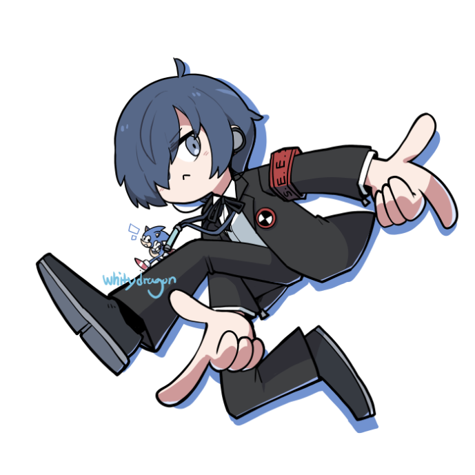 whitydragon, sonic the hedgehog, yuuki makoto (persona 3), persona, persona 3, sonic (series), sonic adventure, 1boy, :<, armband, black jacket, black pants, black shoes, blazer, blue eyes, blue hair, closed mouth, finger gun, gekkoukan high school uniform, hair over one eye, headphones, jacket, long sleeves, looking at viewer, male focus, open clothes, open jacket, pants, parody, red armband, s.e.e.s, school uniform, shirt, shoes, sonic adventure pose, twitter username, watermark, white background, white shirt