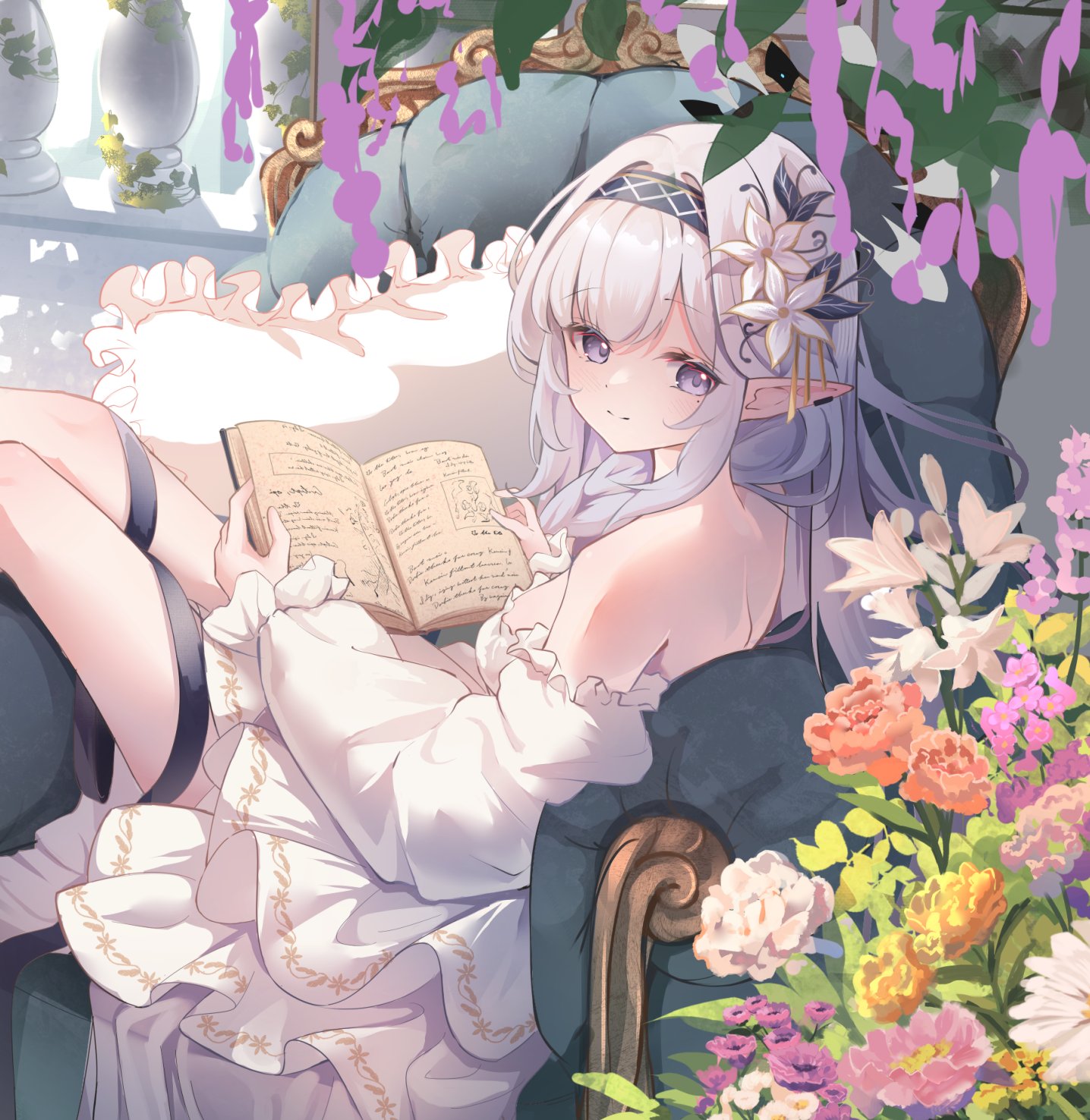 tomo (tomosa011326), himari (blue archive), blue archive, highres, 1girl, armchair, bare shoulders, black hairband, book, chair, closed mouth, detached sleeves, dress, flower, frilled dress, frills, hair flower, hair ornament, hairband, holding, holding book, long hair, long sleeves, looking at viewer, mole, mole under eye, off-shoulder dress, off shoulder, open book, orange flower, pointy ears, purple eyes, sitting, smile, solo, strapless, strapless dress, white dress, white flower, white hair, wisteria