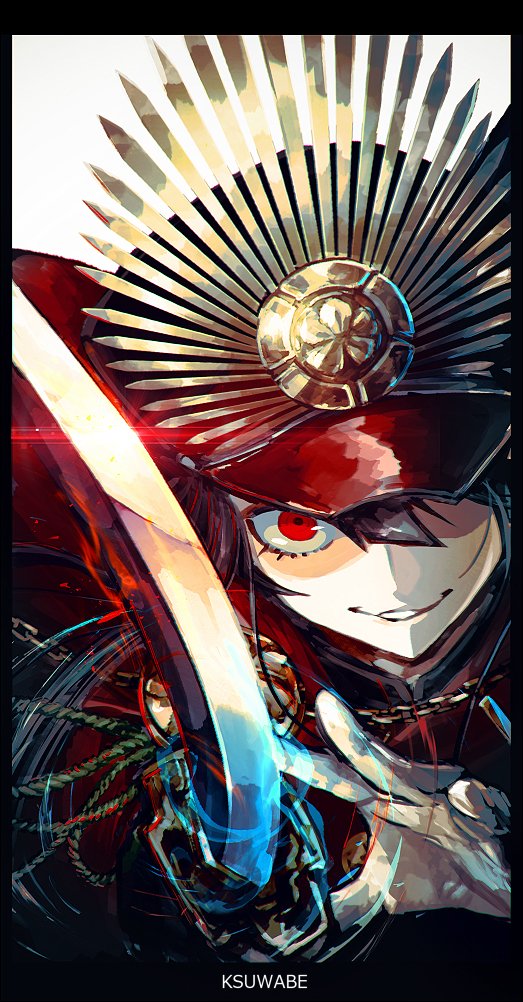 k-suwabe, oda nobunaga (fate), oda nobunaga (koha-ace), fate/grand order, fate (series), 1girl, black hair, cape, crest, gloves, hat, holding, katana, long hair, long sleeves, looking at viewer, medallion, military hat, oda uri, red eyes, shako cap, smile, solo, sword, weapon