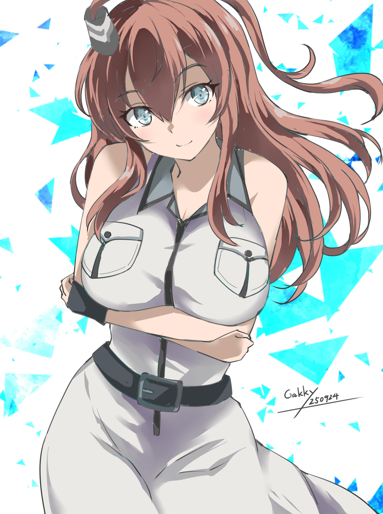 gakky, saratoga (kancolle), saratoga mk ii (kancolle), kantai collection, highres, 1girl, adapted costume, artist name, belt, black belt, black gloves, breast pocket, breasts, brown hair, cowboy shot, dated, dress, fingerless gloves, gloves, grey eyes, large breasts, long hair, one-hour drawing challenge, pocket, side ponytail, sleeveless, sleeveless dress, solo, white dress