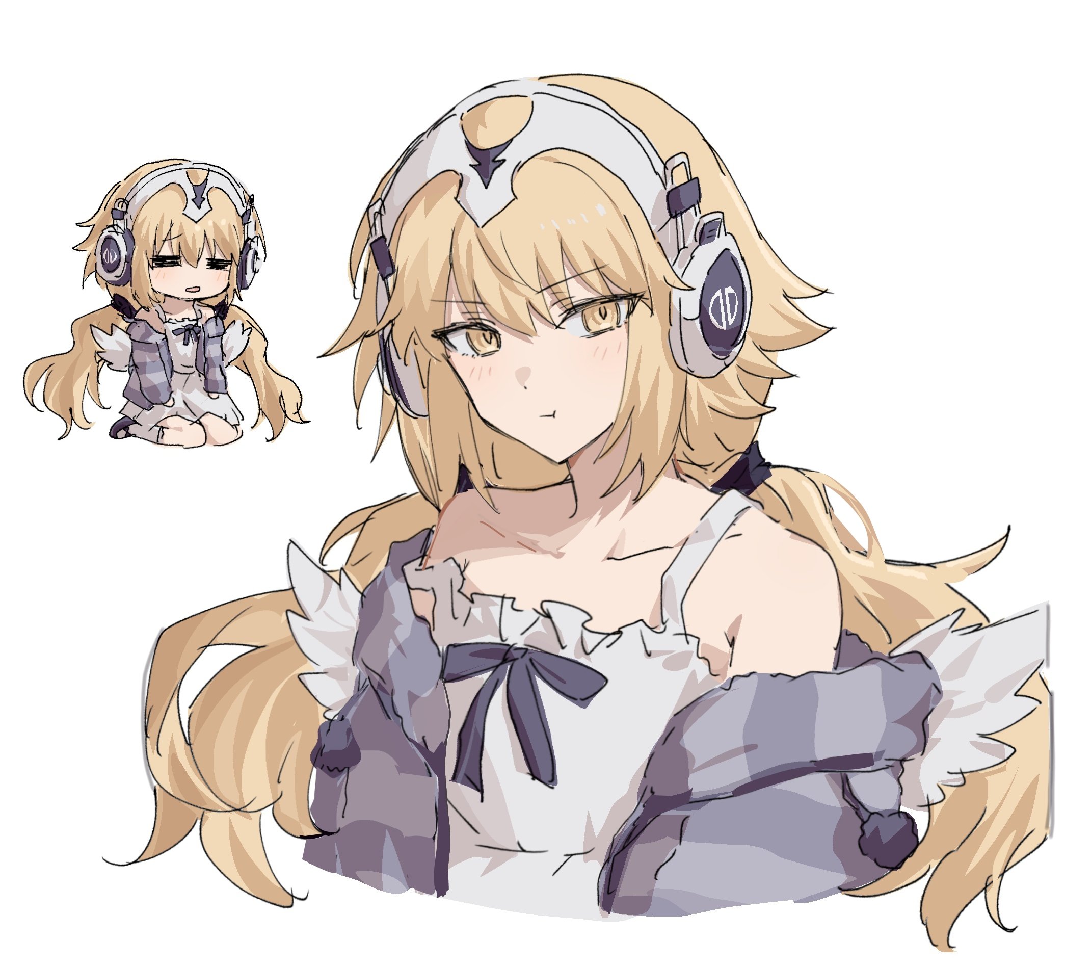 nekwnek, jeanne d'arc (fate), metatron jeanne (fate), metatron jeanne (second ascension) (fate), fate/grand order, fate (series), highres, 1girl, angel wings, blonde hair, blush, chibi, closed eyes, closed mouth, cropped torso, dress, feathered wings, headphones, long hair, looking at viewer, off shoulder, pout, simple background, sleeveless, sleeveless dress, twintails, white background, white dress, white wings, wings, yellow eyes