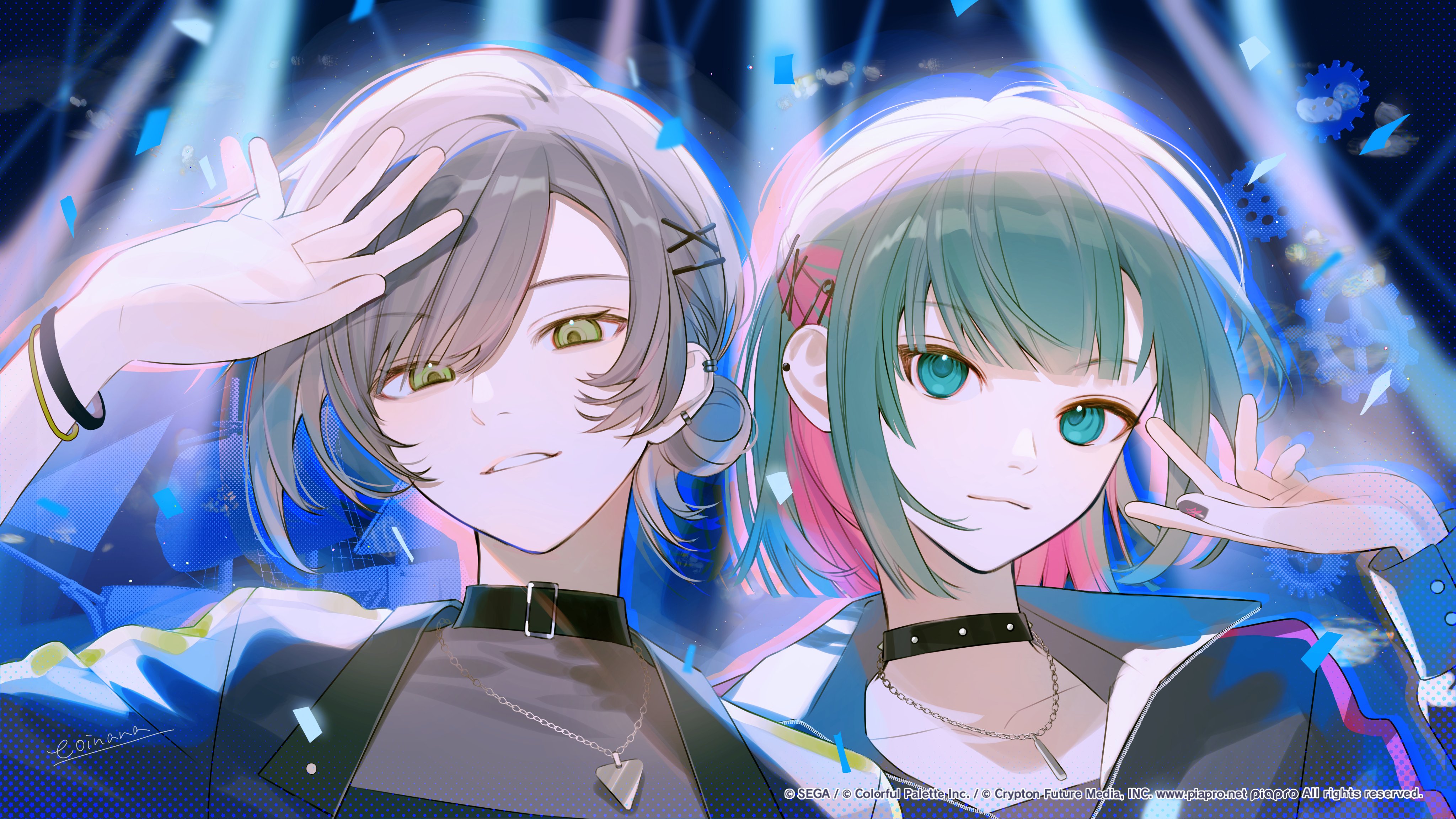 toinana, hatsune miku, hinomori shiho, leo/need miku, project sekai, vocaloid, absurdres, commentary request, highres, official art, second-party source, 2girls, asymmetrical sidelocks, black choker, black jacket, bracelet, choker, closed mouth, collarbone, collared jacket, confetti, copyright notice, countdown illustration, ear piercing, find the dream view (project sekai), gears, green eyes, green hair, grey hair, guest art, hair between eyes, hair bun, hair ornament, hairclip, hand up, jacket, jewelry, long sleeves, looking at viewer, multicolored hair, multiple bracelets, multiple girls, nail polish, nose, official alternate costume, official alternate hair length, official alternate hairstyle, open clothes, open jacket, parted lips, pendant, piercing, pink hair, pink nails, short hair, sidelocks, signature, single hair bun, single side bun, stage lights, teeth, two-tone hair, upper body