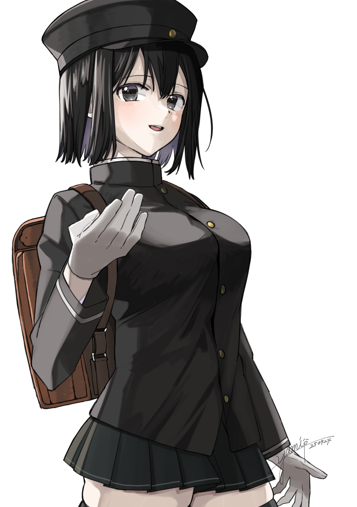 yami (m31), akitsu maru (kancolle), akitsu maru kai (kancolle), kantai collection, highres, 1girl, backpack, bag, black hair, black hat, black jacket, black skirt, gakuran, gloves, grey eyes, hat, jacket, military uniform, one-hour drawing challenge, pale skin, peaked cap, pleated skirt, school uniform, short hair, simple background, skirt, solo, white background, white gloves
