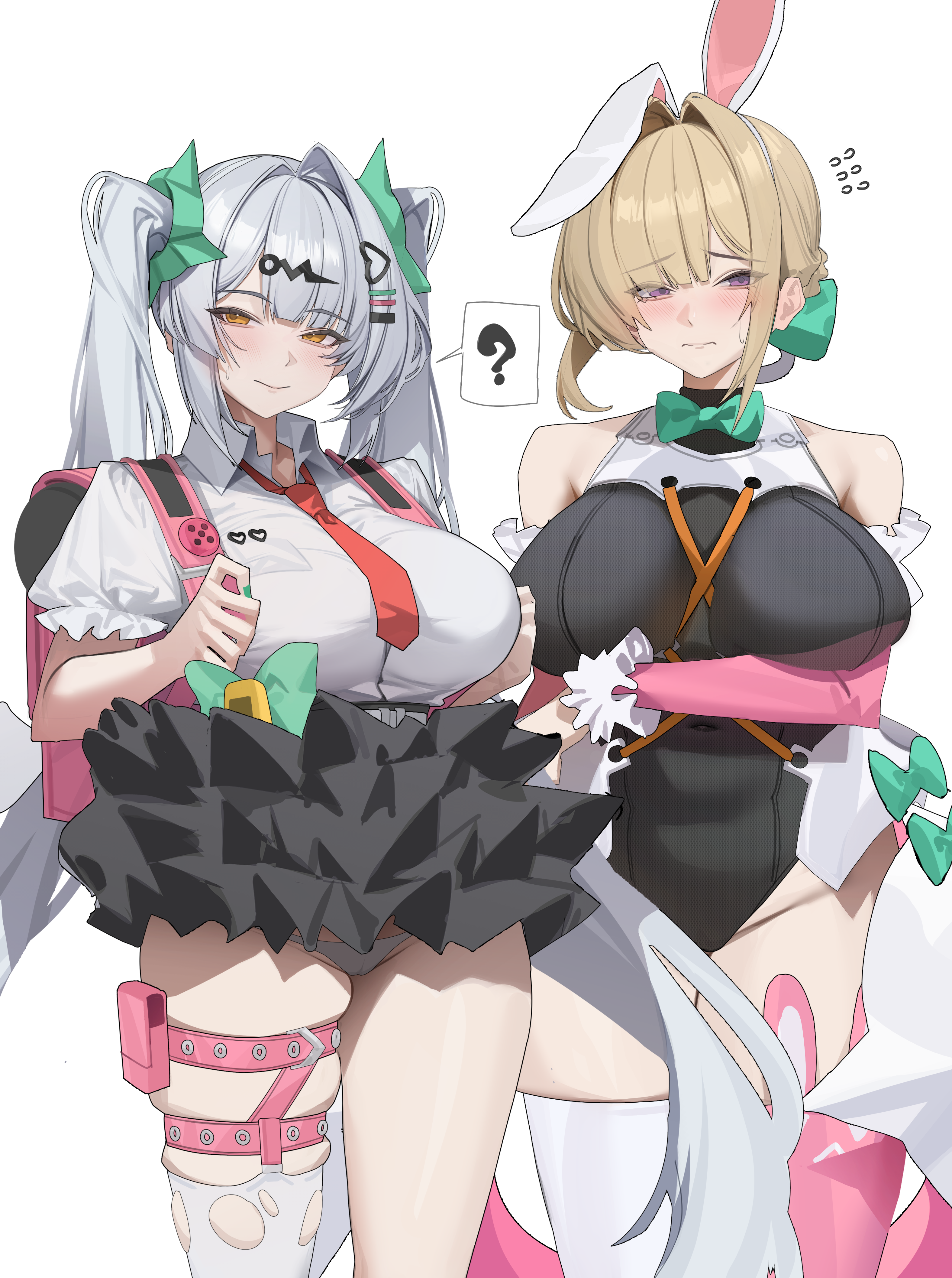 gong dol hong, chinatsu remiel, evelyn chevalier, yixuan (zenless zone zero), yutane johiel, zenless zone zero, absurdres, highres, 2girls, ?, alternate hairstyle, animal ear hairband, animal ears, arm under breasts, backpack, bag, belt, black leotard, black skirt, blonde hair, blush, breasts, cameltoe, chinatsu remiel (cosplay), closed mouth, cosplay, detached sleeves, fake animal ears, flying sweatdrops, grey hair, hair ornament, hairband, hairclip, large breasts, leotard, mismatched thighhighs, multiple girls, necktie, panties, pink bag, pink sleeves, purple eyes, rabbit ear hairband, rabbit ears, randoseru, red necktie, simple background, skindentation, skirt, spoken question mark, thigh belt, thigh strap, twintails, underwear, white background, white panties, yellow eyes, yutane johiel (cosplay)