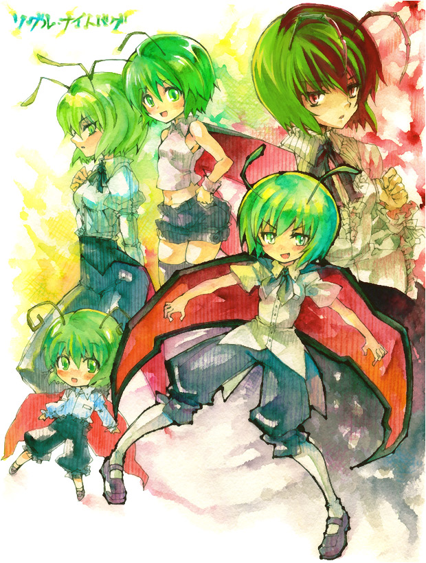ara, arai kuma, wriggle nightbug, touhou, bad id, bad pixiv id, 1girl, aged down, antennae, black thighhighs, blush, dress shirt, female focus, green eyes, green hair, hand on own hip, hip focus, mary janes, midriff, multiple persona, navel, neck ribbon, open mouth, outstretched arms, pinstripe pattern, pinstripe shirt, ribbon, shirt, shoes, short hair, short shorts, shorts, sleeveless, sleeveless shirt, spread arms, striped clothes, striped shirt, thighhighs, vertical-striped clothes, vertical-striped shirt, wrist cuffs