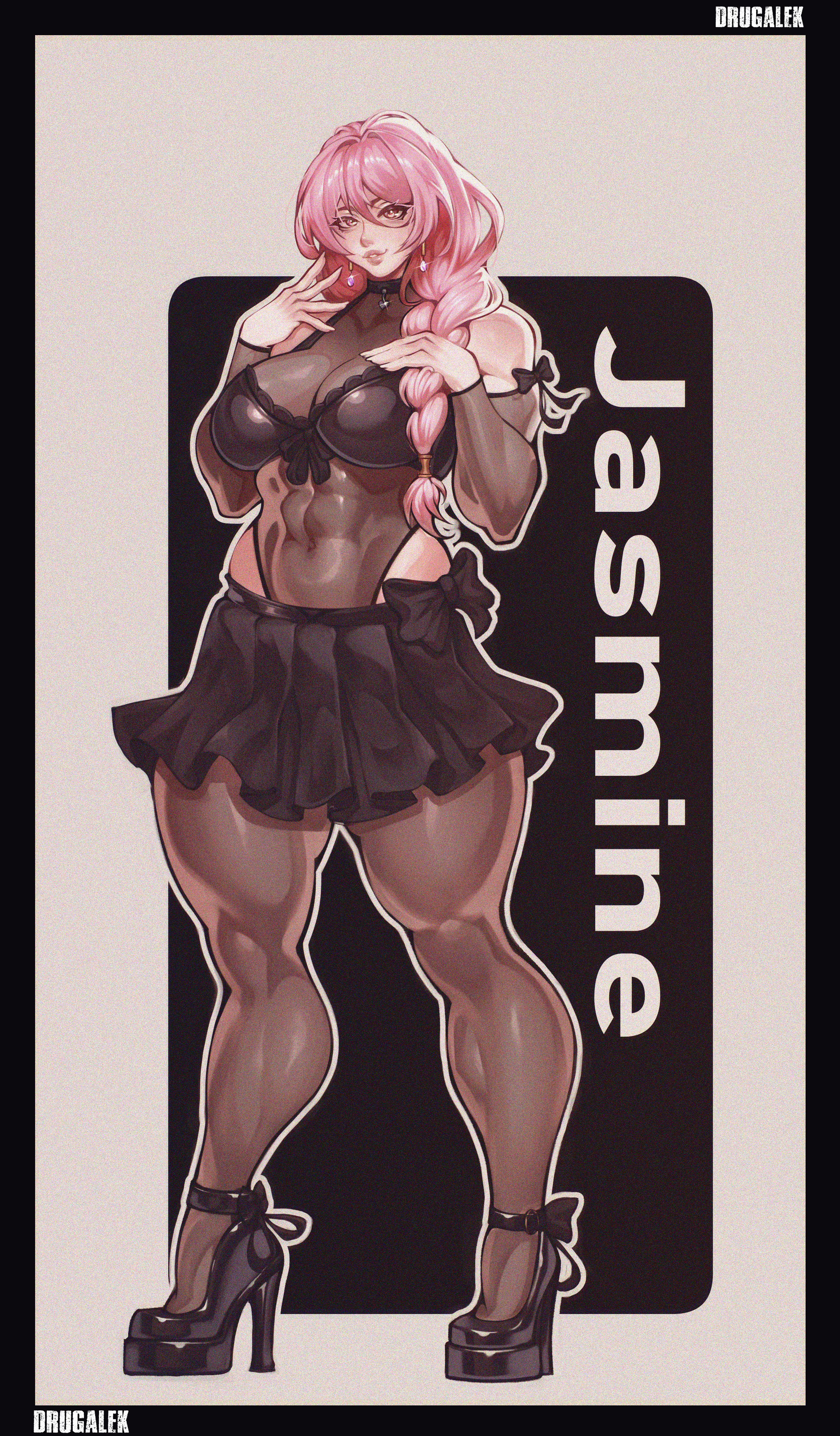 milka01477, original, absurdres, commentary, commission, english commentary, highres, 1girl, abs, artist name, bare shoulders, black bow, black bra, black shoes, black skirt, bow, bow bra, bra, braid, breasts, brown leotard, brown pantyhose, character name, detached sleeves, earrings, film grain, full body, hair between eyes, hand on own chest, hands up, high heels, jasmine (zaden), jewelry, large breasts, leotard, long hair, low side ponytail, miniskirt, multi-source commentary, muscular, muscular female, pantyhose, parted lips, pink eyes, pink hair, pleated skirt, shoes, single braid, skirt, smile, solo, sparkle, standing, stomach, underwear