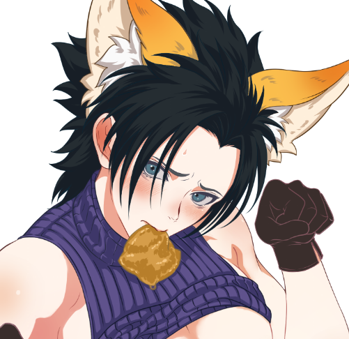 shakunage1, zack fair, crisis core final fantasy vii, final fantasy, final fantasy vii, 1boy, animal ears, bare shoulders, black hair, blue eyes, blue shirt, blush, clothes lift, food in mouth, fox boy, fox ears, furrowed brow, hair slicked back, kemonomimi mode, male focus, midriff, parted bangs, paw pose, shirt, shirt lift, short hair, sleeveless, sleeveless turtleneck, solo, sweatdrop, turtleneck, white background