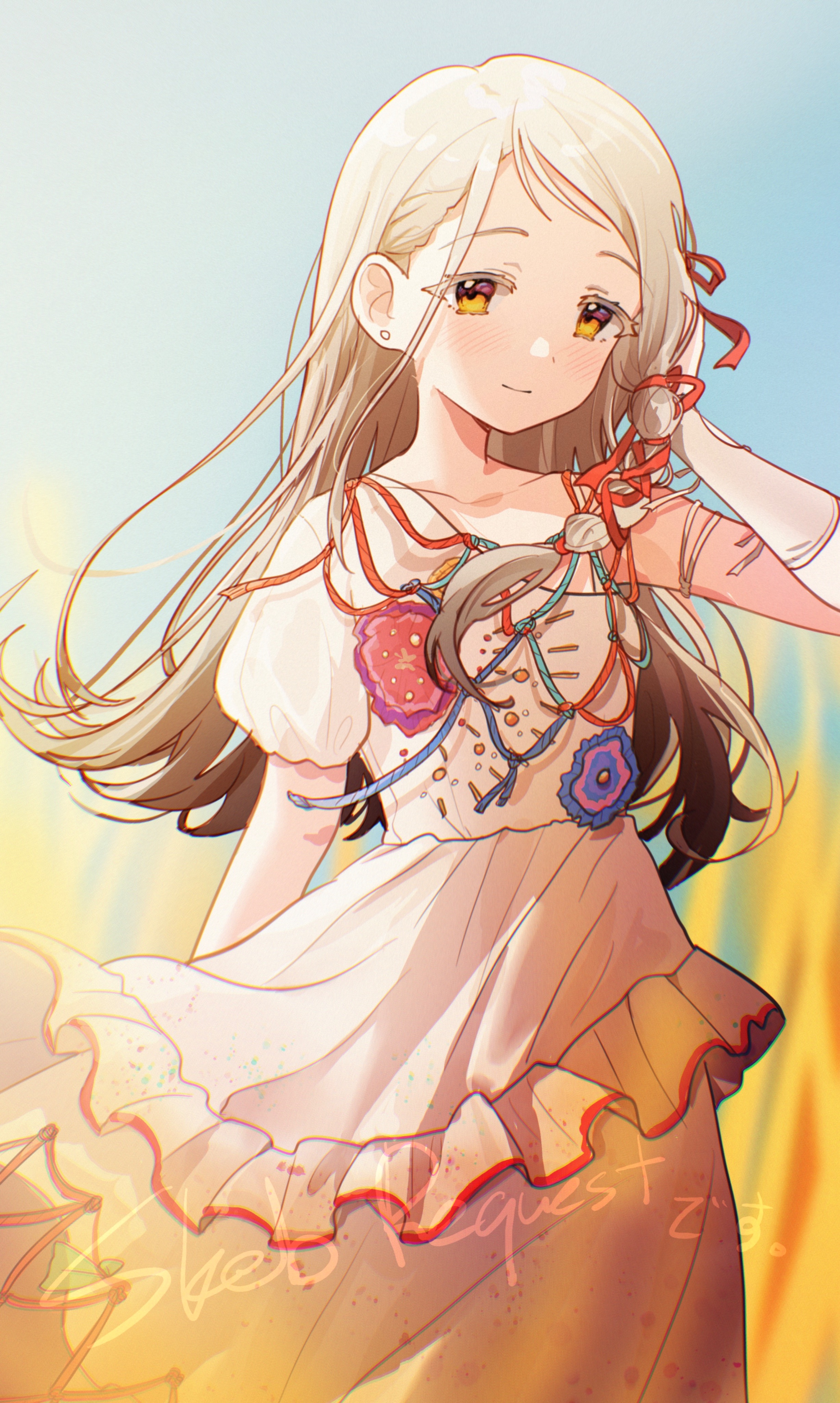 nnnn, shinosawa hiro, gakuen idolmaster, idolmaster, absurdres, commentary, commission, highres, skeb commission, 1girl, arm behind back, blonde hair, blue sky, blush, braid, closed mouth, collarbone, colored eyelashes, corsage, cowboy shot, detached sleeves, dress, earrings, flipped hair, gradient hair, grey hair, hair ribbon, hand in own hair, hand up, jewelry, long dress, long hair, looking at viewer, multicolored hair, orange eyes, outdoors, parted bangs, puffy short sleeves, puffy sleeves, red ribbon, ribbon, ribbon braid, short sleeves, side braid, single braid, single detached sleeve, sky, smile, solo, standing, stud earrings, sunfaded (idolmaster), very long hair, white dress, white sleeves, wind