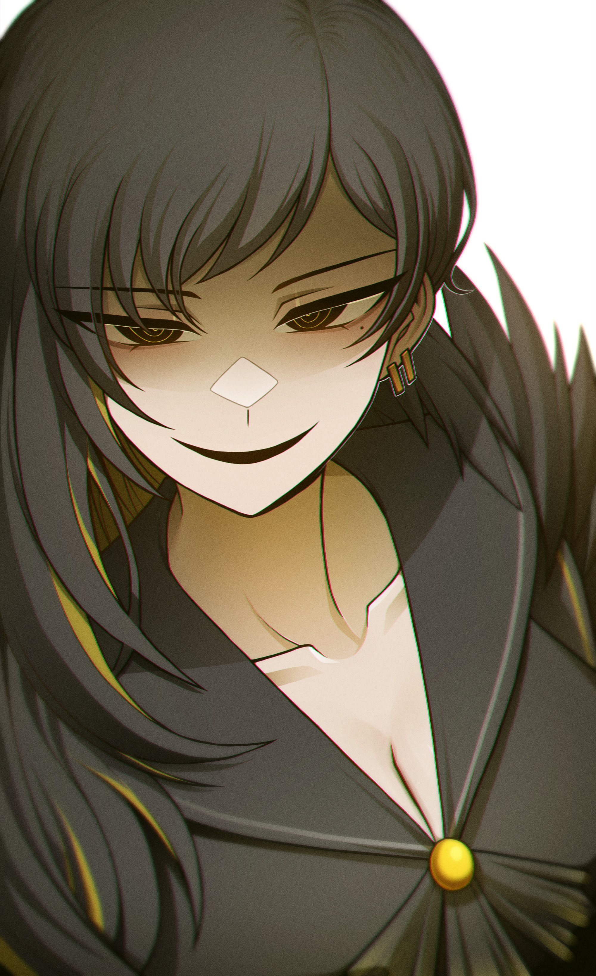 misg1111, binah (project moon), library of ruina, project moon, absurdres, highres, 1girl, ascot, black ascot, black coat, black dress, black eyes, black hair, black sailor collar, breasts, cleavage, coat, collarbone, dress, empty eyes, evil smile, fur-trimmed coat, fur trim, large breasts, long hair, mole, mole under eye, multicolored hair, ringed eyes, sailor collar, simple background, smile, solo, swept bangs, two-tone hair, upper body, white background