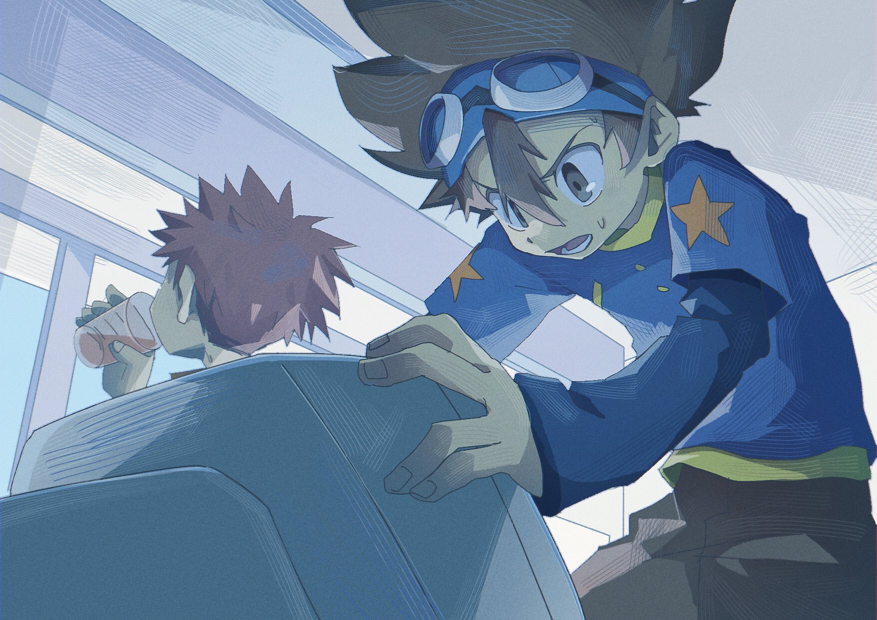 magainu, izumi koshiro, yagami taichi, digimon, digimon adventure, digimon adventure: bokura no war game, highres, 2boys, blue shirt, brown hair, brown shorts, cup, goggles, goggles on head, holding, holding cup, indoors, male focus, monitor, multiple boys, shirt, short hair, shorts