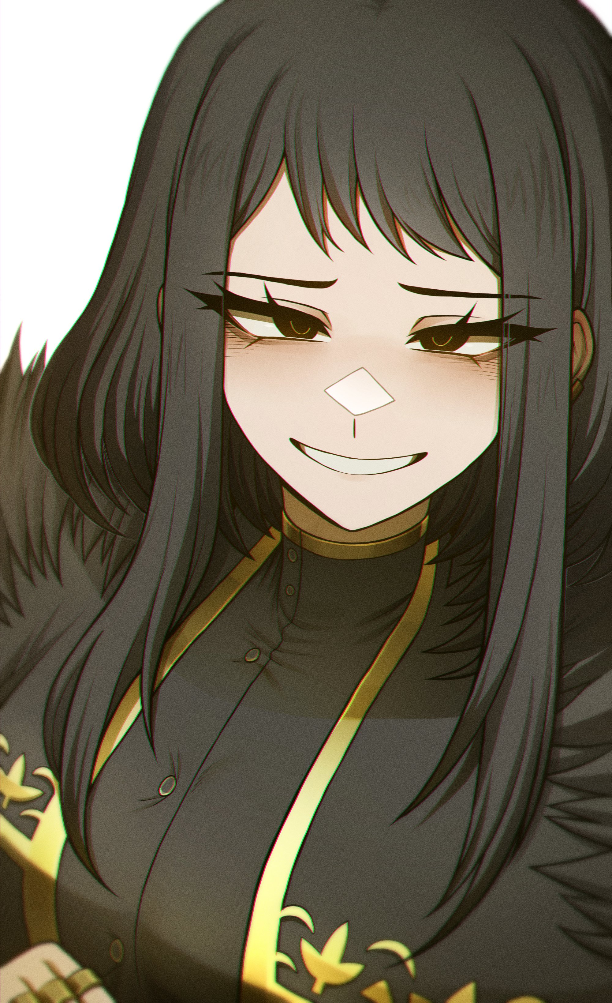 misg1111, zena (project moon), library of ruina, project moon, absurdres, highres, 1girl, black cape, black dress, black eyes, black hair, breasts, cape, dress, fur-trimmed cape, fur trim, jewelry, large breasts, looking at viewer, multiple rings, ring, simple background, smile, solo, upper body, white background