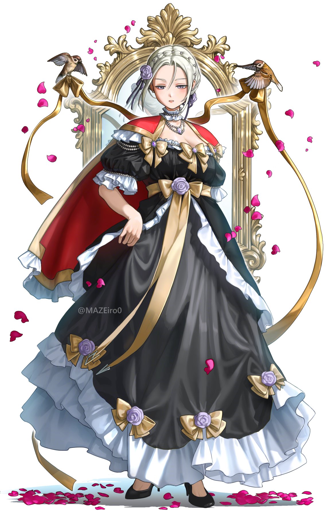maze draws, edelgard von hresvelg, fire emblem, fire emblem: three houses, nintendo, highres, 1girl, alternate costume, alternate hairstyle, animal, bird, black dress, breasts, brown bird, cape, cleavage, dress, flower, formal clothes, gold trim, grey hair, hair flower, hair ornament, high heels, jewelry, medium breasts, mirror, necklace, pearl necklace, petals, purple eyes, purple flower, purple rose, red cape, reflection, rose, shadow, short hair, short sleeves, simple background, small breasts, twitter username, white background