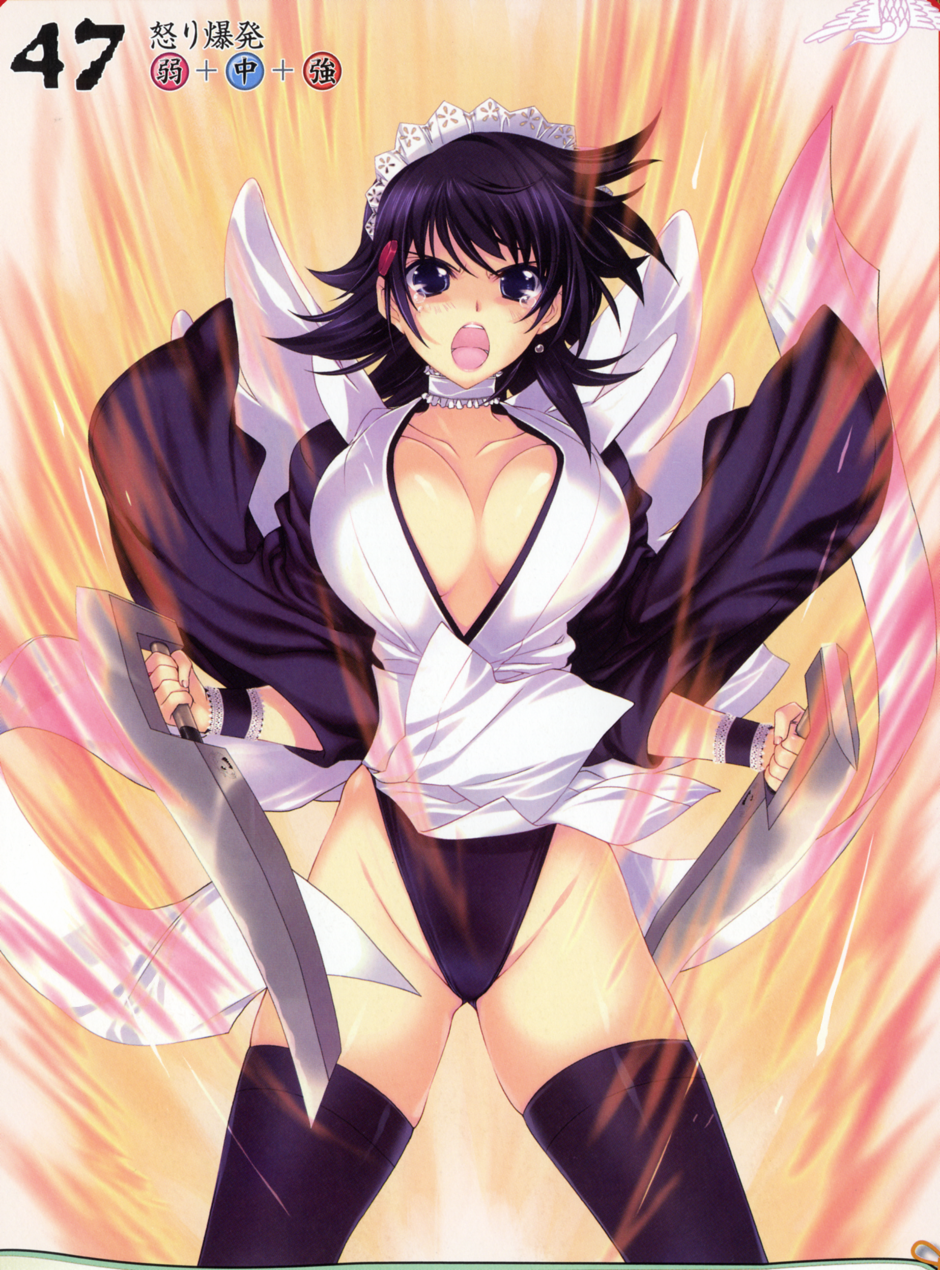 iizuki tasuku, iroha (samurai spirits), queen's blade, queen's gate, samurai spirits, snk, absurdres, artbook, highres, official art, scan, 00s, 1girl, aura, black hair, blue eyes, blue hair, blush, breasts, butterfly swords, cameltoe, cleavage, female focus, flipped hair, hair ornament, hairband, highleg, highleg leotard, japanese clothes, large breasts, leotard, leotard under clothes, maid, matching hair/eyes, open mouth, powering up, short hair, solo, sword, tears, thighhighs, weapon