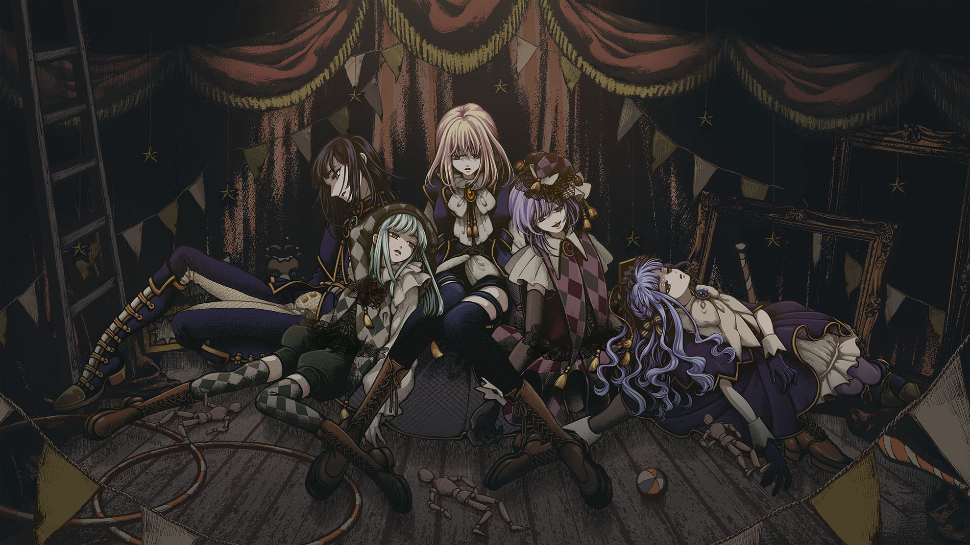 amoris (bang dream!), doloris (bang dream!), misumi uika, mortis (bang dream!), oblivionis (bang dream!), timoris (bang dream!), togawa sakiko, wakaba mutsumi, yahata umiri, yuutenji nyamu, ave mujica (bang dream!), bang dream!, bang dream! it's mygo!!!!!, commentary request, highres, official art, 5girls, ball, black boots, black gloves, black hair, black pants, black ribbon, blonde hair, blue hair, boots, braid, brooch, brown boots, curtains, drawing mannequin, elbow gloves, empty eyes, expressionless, full body, gloves, green hair, green thighhighs, hachibousei dance (bang dream!), hair ribbon, hat, hoop, horokenmo, hula hoop, indoors, jester cap, jewelry, knee boots, ladder, long hair, long sleeves, looking down, looking to the side, lying, lying on person, mannequin, medium hair, multiple girls, neck ribbon, official alternate costume, on back, open mouth, pants, picture frame, purple eyes, purple hair, ribbon, short hair, sitting, smile, string of flags, thighhighs, white ribbon, wooden floor, yellow eyes