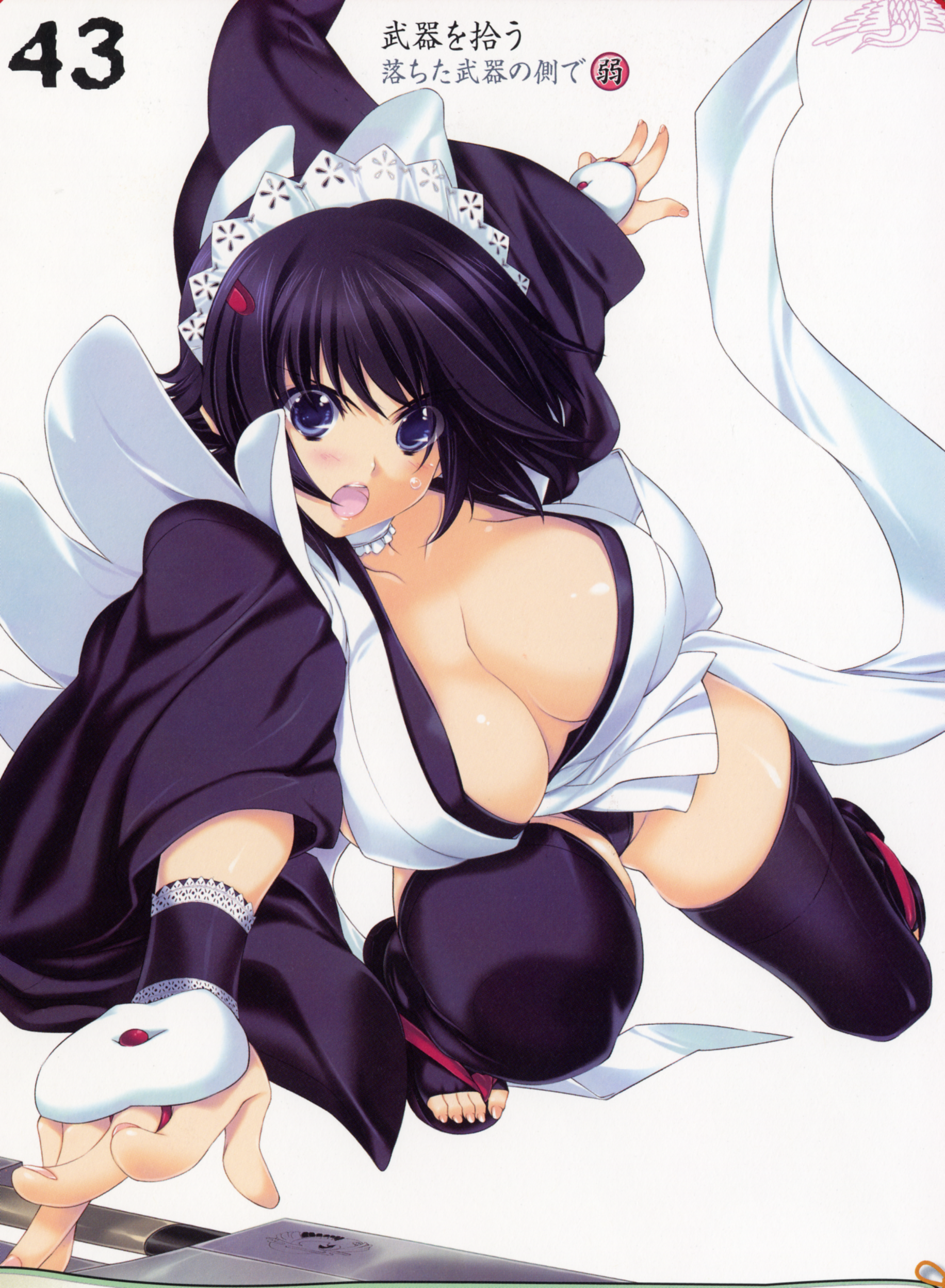 iizuki tasuku, iroha (samurai spirits), queen's blade, queen's gate, samurai spirits, absurdres, artbook, highres, scan, 00s, 1girl, black hair, blue eyes, breasts, cleavage, female focus, hair ornament, large breasts, open mouth, short hair, solo, thighhighs, weapon