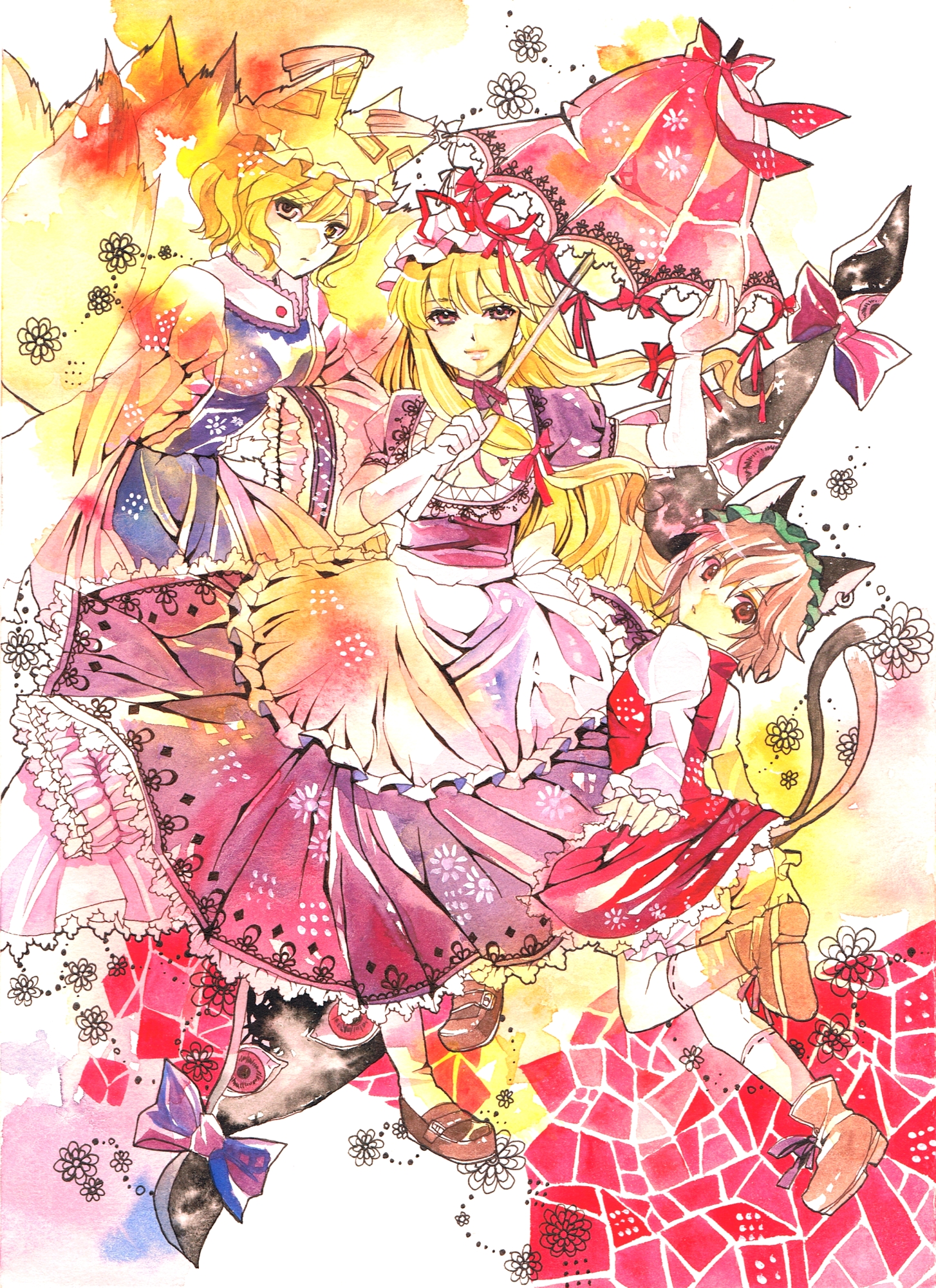 n-mix, chen, yakumo ran, yakumo yukari, touhou, highres, 3girls, animal ears, blonde hair, brown hair, cat ears, cat girl, cat tail, dress, earrings, elbow gloves, female focus, fox tail, gloves, hat, jewelry, multiple girls, multiple tails, ribbon, tail, umbrella, white background