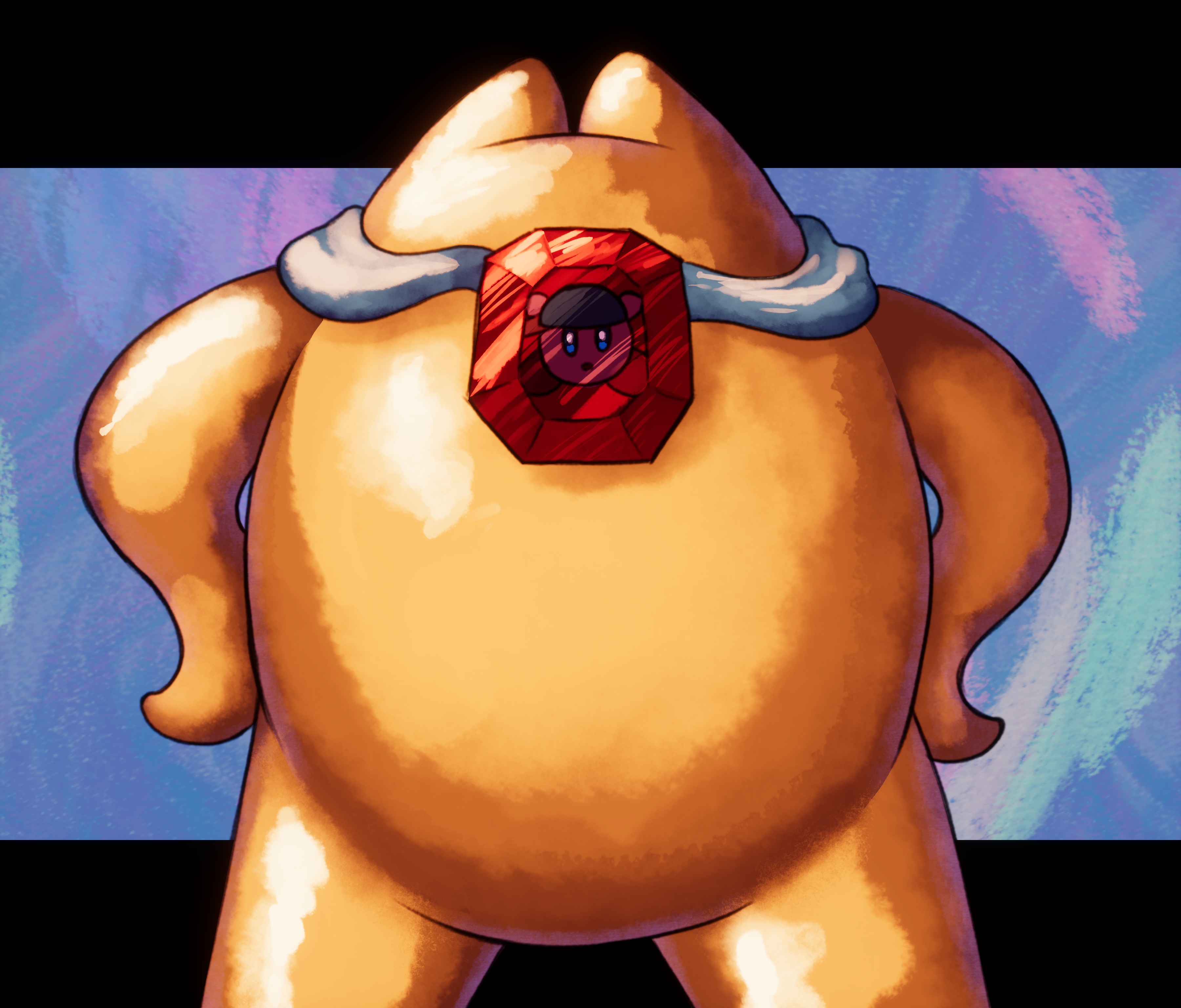 soandnb, esp kirby, kirby, ness (mother 2), starman (kirby), starman (mother), kirby (series), mother (series), mother 2, nintendo, 2boys, alien, baseball cap, blue background, blue cape, blue eyes, blue hat, cape, colored skin, company connection, cosplay, gem, hands on own hips, hat, looking at viewer, multiple boys, name connection, ness (mother 2) (cosplay), open mouth, parody, pink skin, red gemstone, reflection, sideways hat, standing, star (symbol), yellow skin