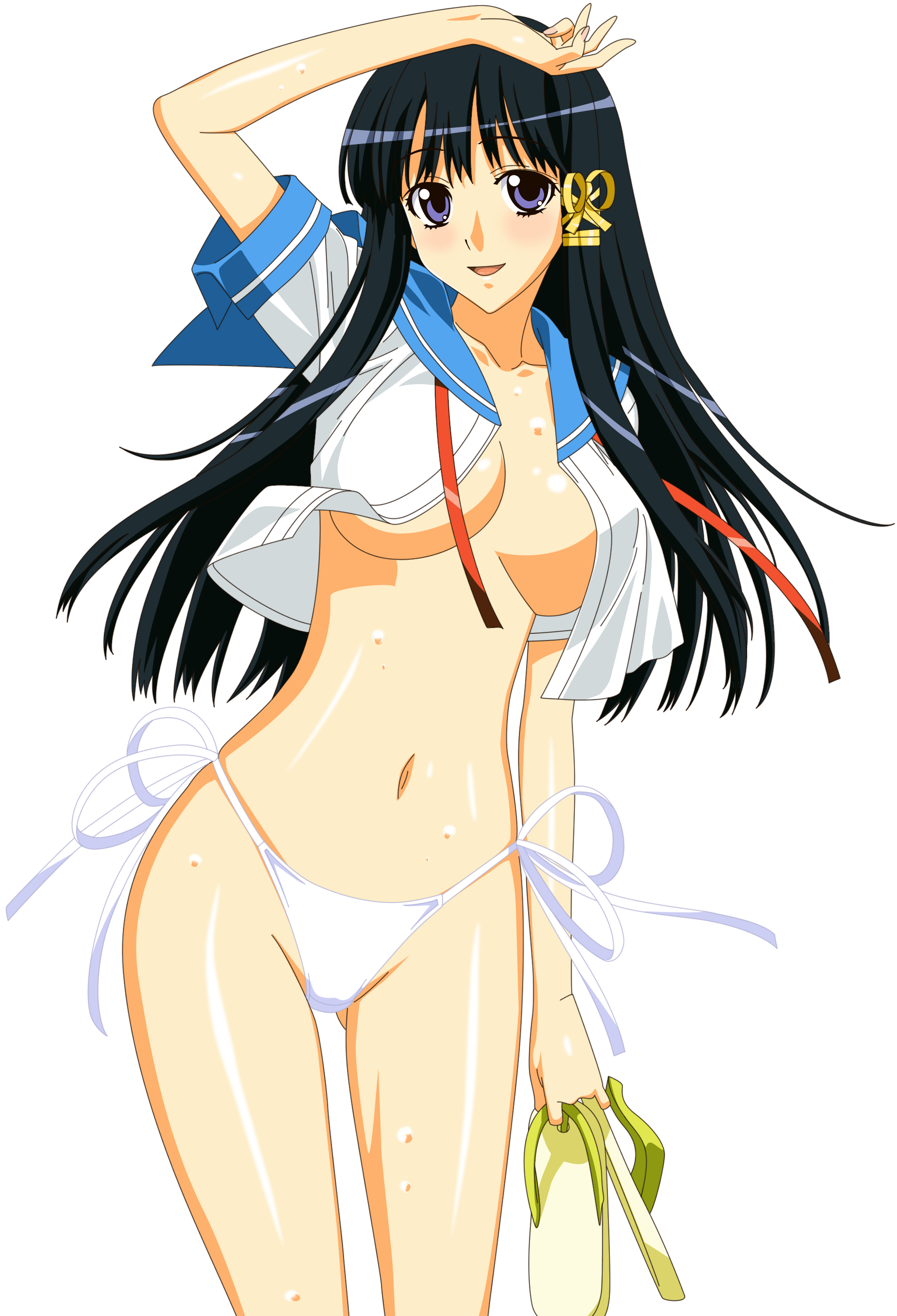 kuroda kazuya, xp-tan, yotsuya kotoko, 15 bishoujo hyouryuuki, os-tan, absurdres, derivative work, highres, vector trace, 1girl, black hair, breasts, female focus, long hair, open clothes, open shirt, panties, purple eyes, ribbon, school uniform, serafuku, shirt, side-tie panties, smile, solo, transparent background, underboob, underwear