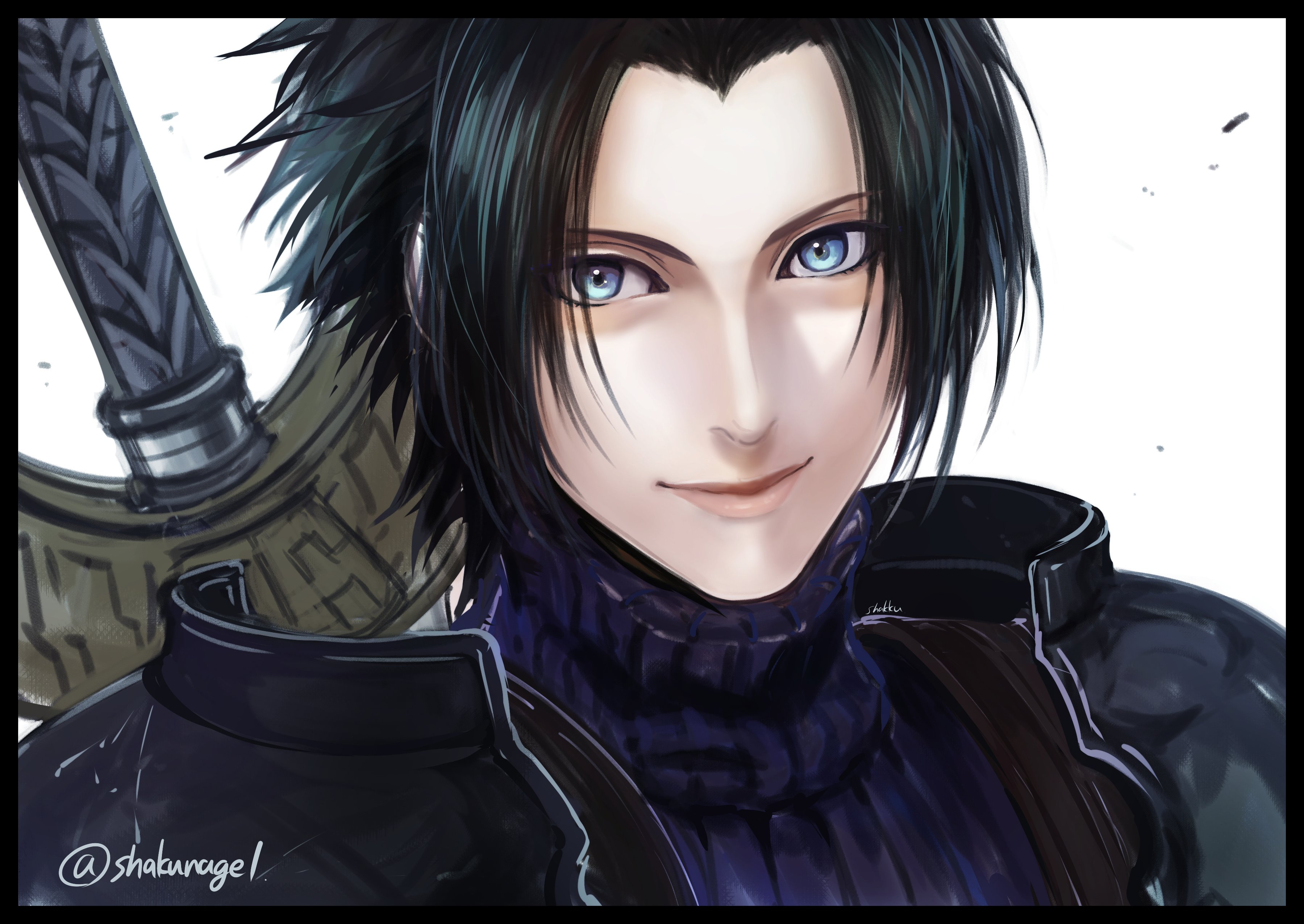 shakunage1, zack fair, crisis core final fantasy vii, final fantasy, final fantasy vii, absurdres, highres, 1boy, armor, black hair, blue eyes, blue shirt, closed mouth, looking at viewer, male focus, pale skin, parted bangs, pauldrons, shirt, short hair, shoulder armor, smile, solo, suspenders, sweater, sword, sword on back, turtleneck, turtleneck sweater, twitter username, weapon, weapon on back, white background