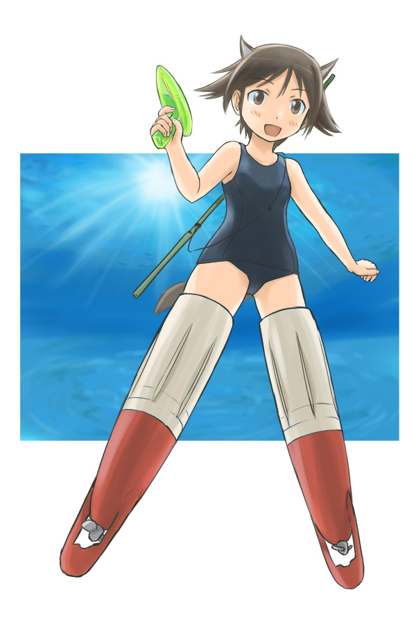 denden, miyafuji yoshika, strike witches, world witches series, 00s, 1girl, animal ears, black one-piece swimsuit, brown eyes, brown hair, female focus, fishing rod, one-piece swimsuit, school swimsuit, short hair, solo, striker unit, submarine, submarine motor, swimsuit, tail, water, water gun, watercraft