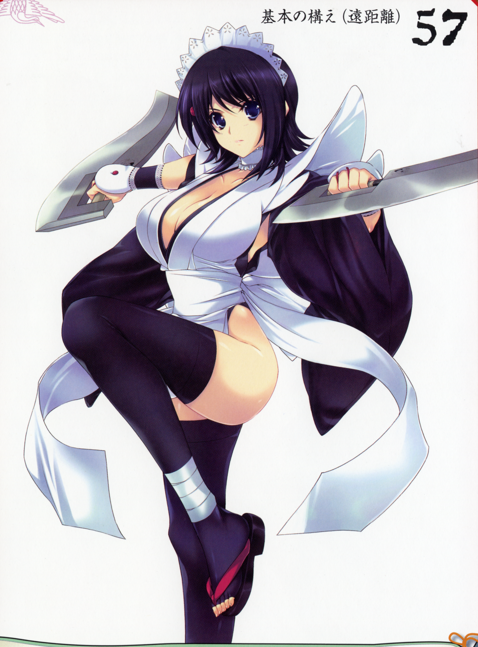 iizuki tasuku, iroha (samurai spirits), queen's blade, queen's gate, samurai spirits, absurdres, artbook, highres, scan, 00s, 1girl, black hair, blue eyes, breasts, cleavage, female focus, flipped hair, hair ornament, large breasts, leotard, leotard under clothes, open mouth, short hair, solo, standing, thighhighs, weapon, wide hips