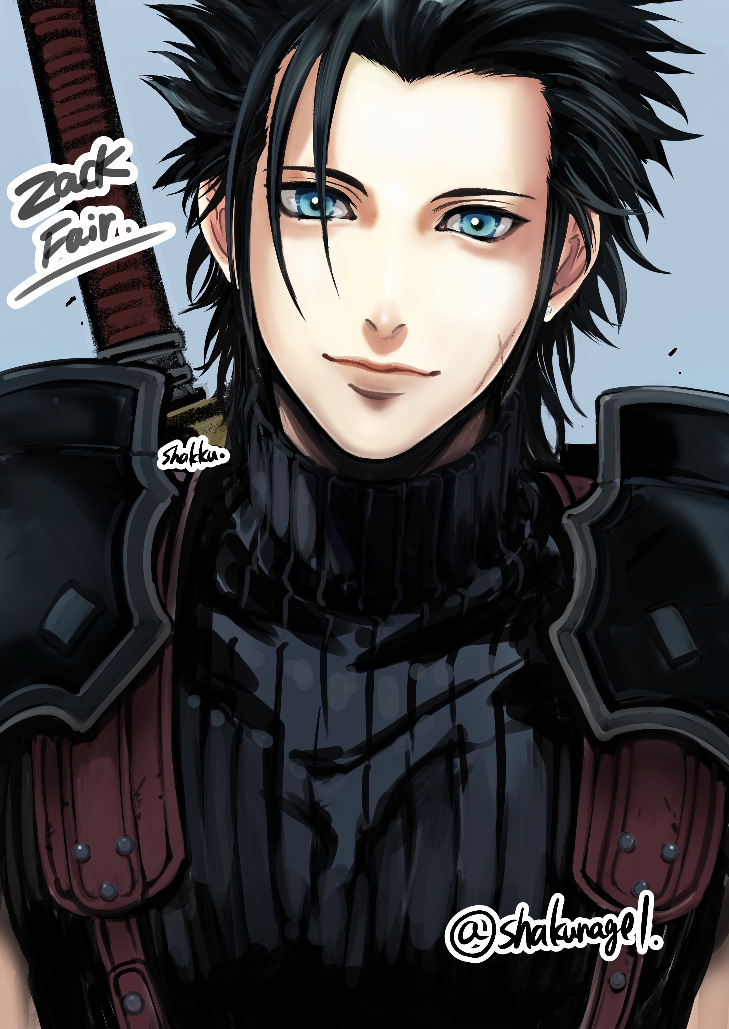 shakunage1, final fantasy, final fantasy vii, absurdres, highres, 1boy, aqua eyes, armor, black hair, blue background, character name, closed mouth, cross scar, facial scar, hair slicked back, light smile, looking at viewer, male focus, pauldrons, portrait, scar, scar on cheek, scar on face, shoulder armor, sideburns, sleeveless, sleeveless turtleneck, solo, suspenders, sword, sword on back, turtleneck, twitter username, weapon, weapon on back