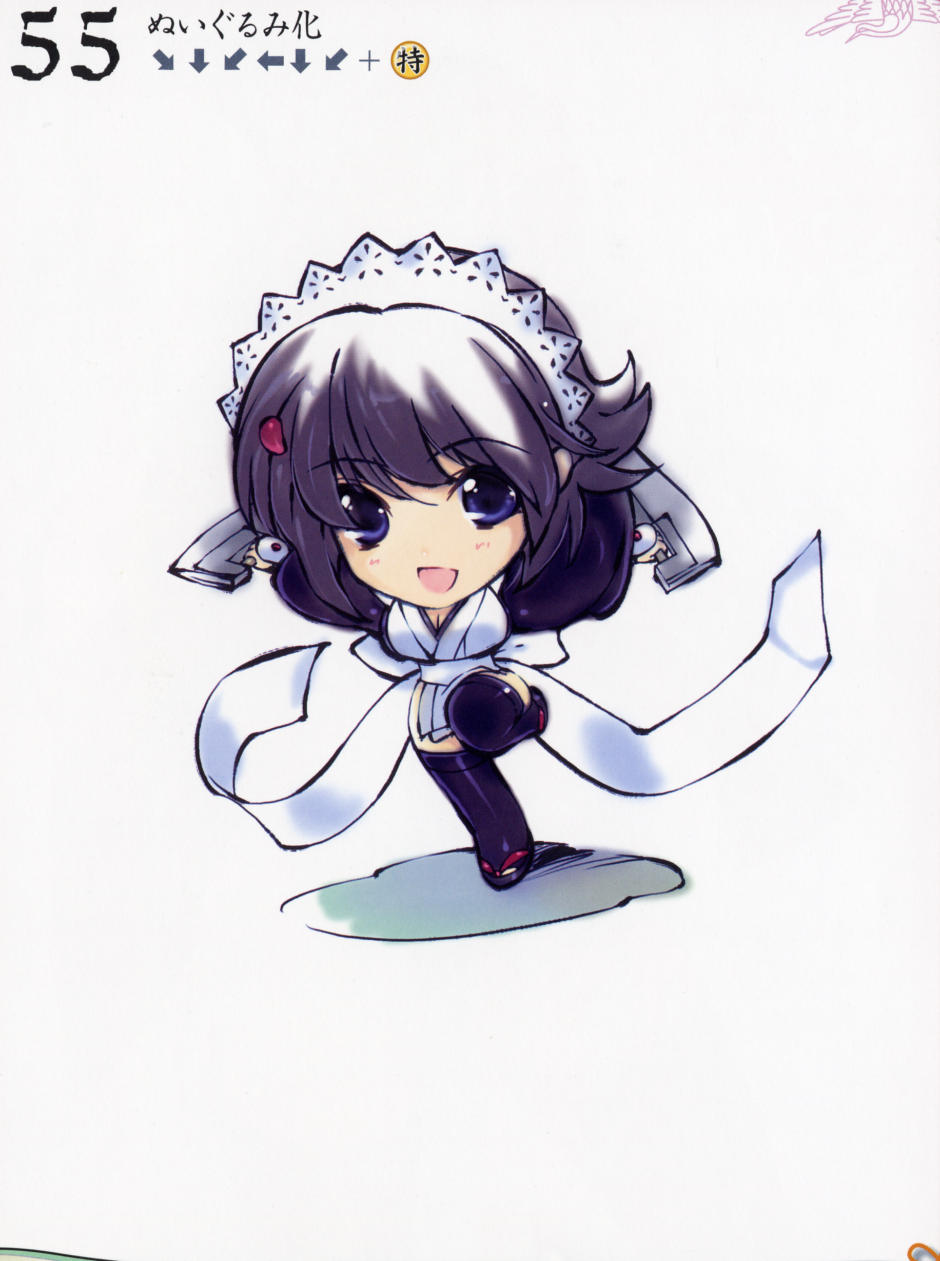 iizuki tasuku, iroha (samurai spirits), queen's blade, queen's gate, samurai spirits, absurdres, artbook, highres, scan, 00s, 1girl, black hair, blue eyes, breasts, chibi, female focus, hair ornament, open mouth, short hair, solo, thighhighs, weapon