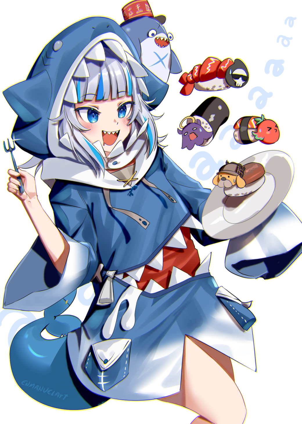 enma (enmanuelart), gawr gura, hololive, hololive english, holomyth, character request, commentary, english commentary, highres, 1girl, animal costume, animal hood, artist name, blue eyes, blue hair, blue hoodie, blue tail, blunt bangs, blush, breasts, colored eyelashes, cowboy shot, fins, fish tail, food, fork, hand up, holding, holding fork, holding plate, hood, hood up, hoodie, letter, long sleeves, looking at object, makizushi, medium breasts, multicolored hair, open mouth, plate, shark costume, shark girl, shark hood, shark tail, sharp teeth, sleeves past fingers, sleeves past wrists, solo focus, sparkle, sushi, tail, teeth, tongue, two-tone hair, upper teeth only, virtual youtuber, white background, white hair, wide sleeves, zipper pull tab