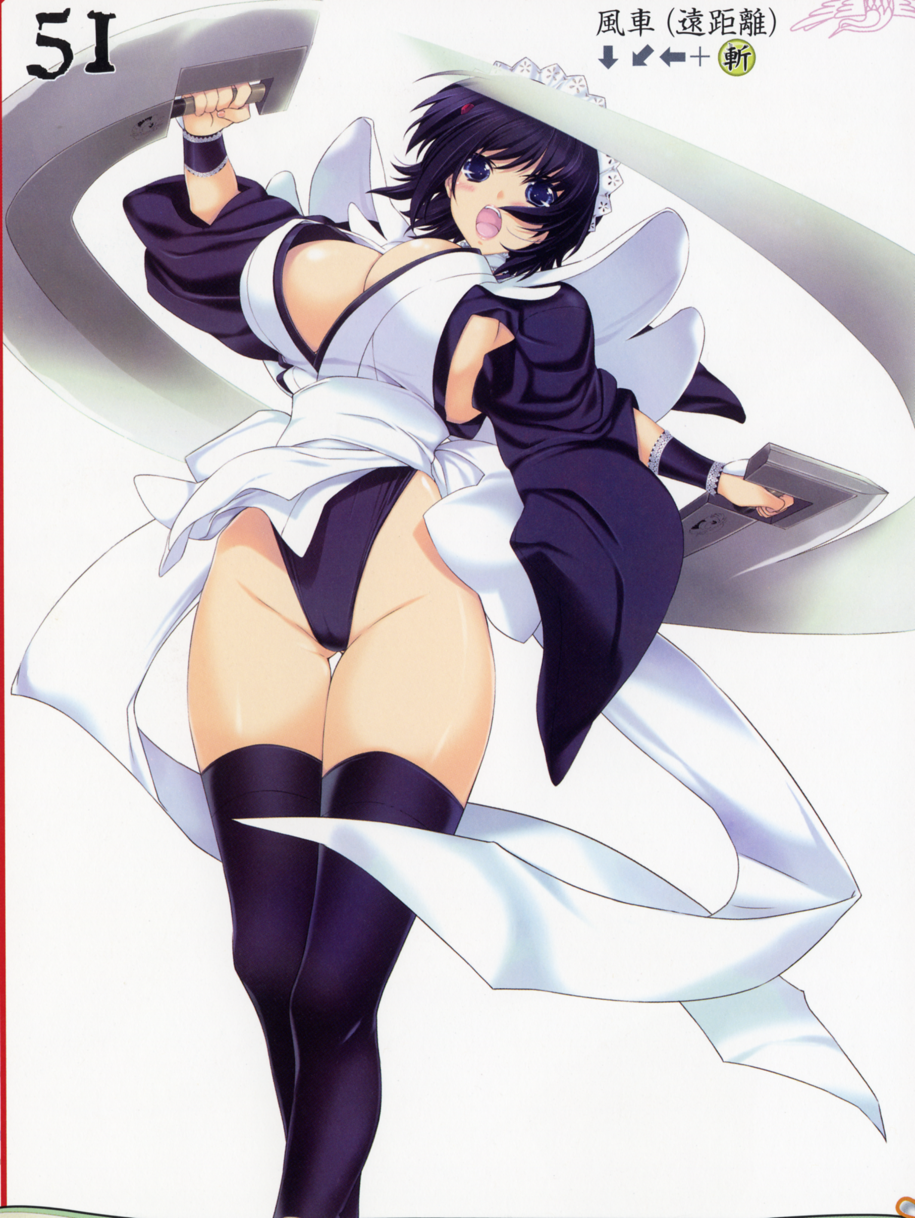 iizuki tasuku, iroha (samurai spirits), queen's blade, queen's gate, samurai spirits, absurdres, artbook, highres, official art, scan, 00s, 1girl, black hair, blue eyes, breasts, cameltoe, cleavage, curvy, female focus, hair ornament, highleg, highleg leotard, large breasts, leotard, leotard under clothes, open mouth, short hair, solo, thigh gap, thighhighs, thighs, weapon
