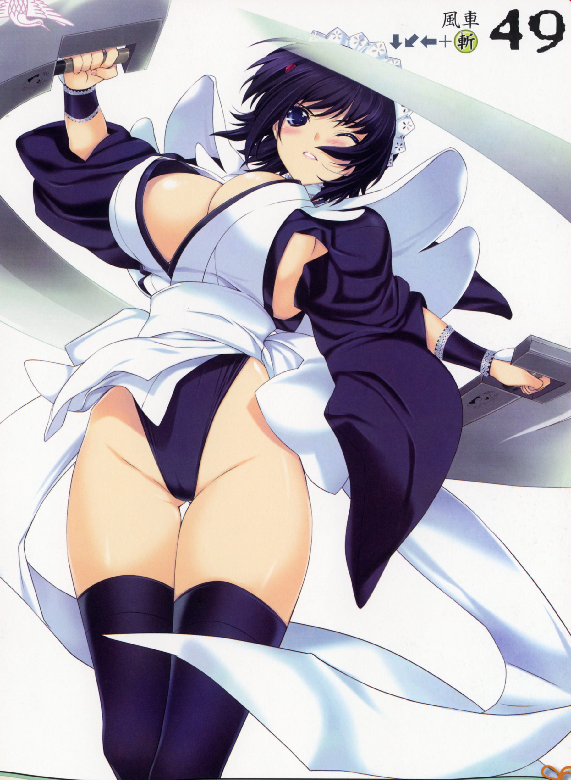 iizuki tasuku, iroha (samurai spirits), queen's blade, queen's gate, samurai spirits, snk, absurdres, artbook, highres, official art, scan, 00s, 1girl, black hair, blue eyes, blue hair, blush, breasts, butterfly swords, cameltoe, cleavage, female focus, hair ornament, hairband, highleg, highleg leotard, japanese clothes, large breasts, leotard, leotard under clothes, maid, matching hair/eyes, open mouth, short hair, solo, sword, thighhighs, weapon