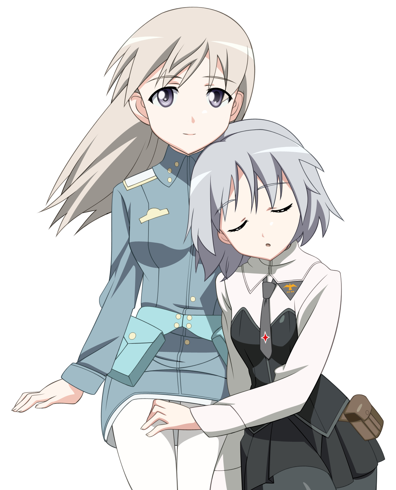 eila ilmatar juutilainen, sanya v. litvyak, strike witches, world witches series, uniform, derivative work, highres, non-web source, vector trace, 00s, 2girls, black pantyhose, blonde hair, closed eyes, couple, long hair, multiple girls, necktie, pantyhose, purple eyes, short hair, skirt, sleeping, sleeping upright, thigh gap, thighs, transparent background, white pantyhose, yuri